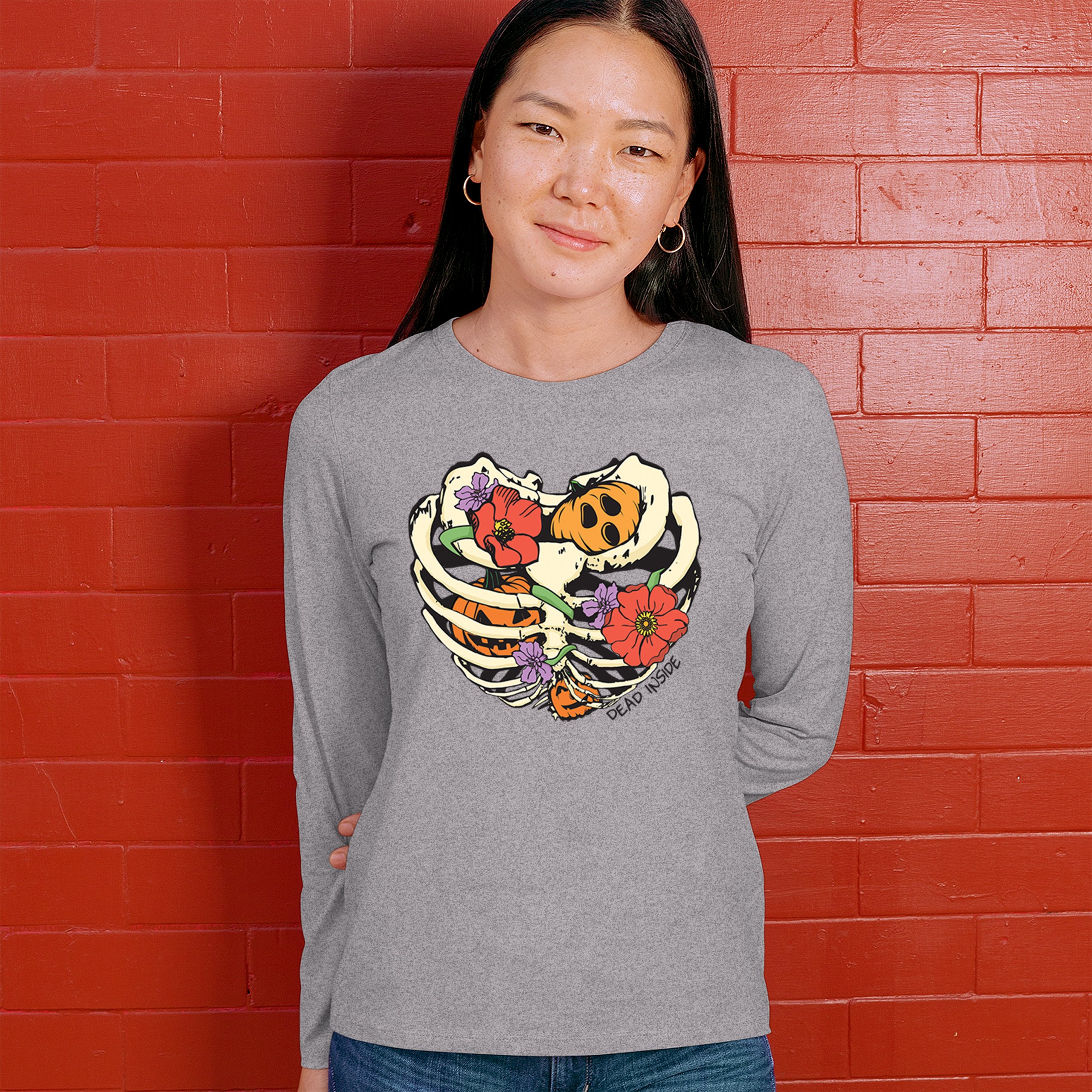 Dead Inside Women's Long Sleeve T-shirt Halloween Rib Cage Trick Or Treat Cute - Picture 12 of 50