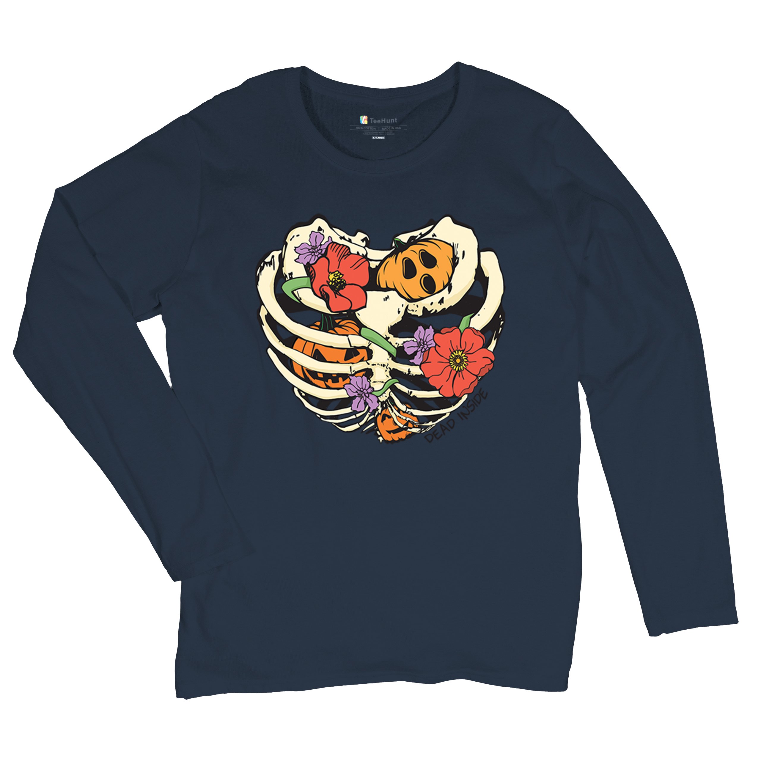 Dead Inside Women's Long Sleeve T-shirt Halloween Rib Cage Trick Or Treat Cute - Picture 34 of 50