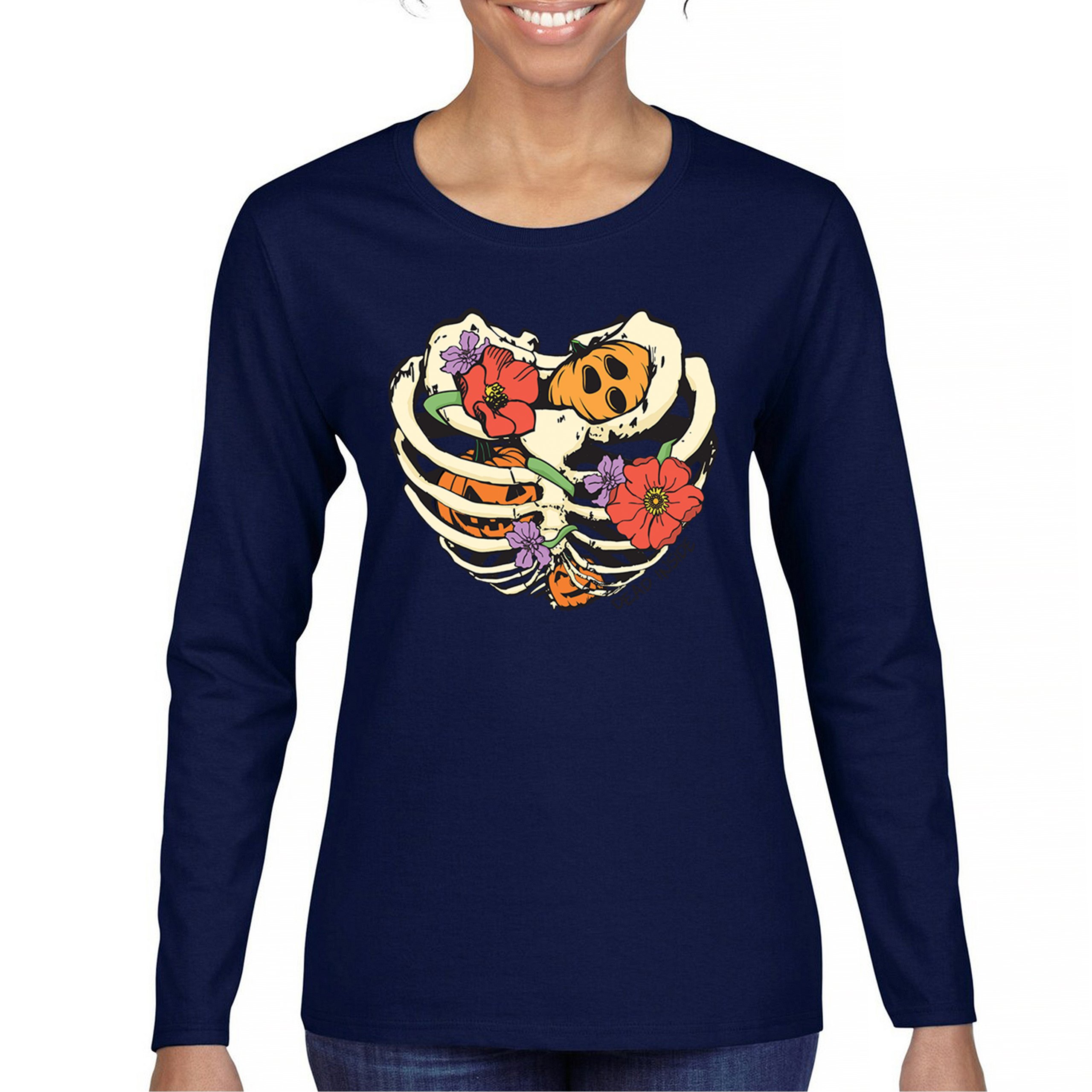 Dead Inside Women's Long Sleeve T-shirt Halloween Rib Cage Trick Or Treat Cute - Picture 30 of 50