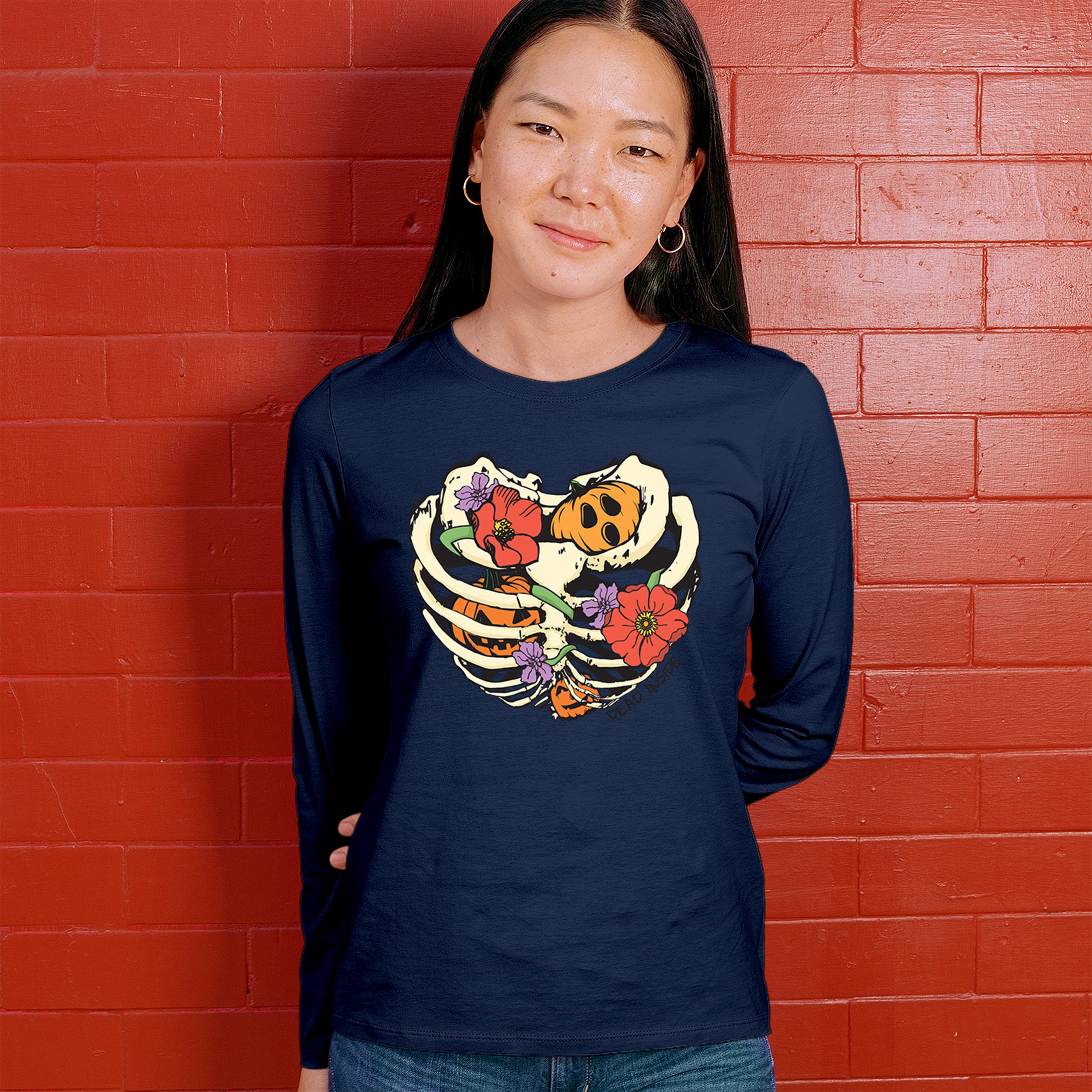 Dead Inside Women's Long Sleeve T-shirt Halloween Rib Cage Trick Or Treat Cute - Picture 33 of 50