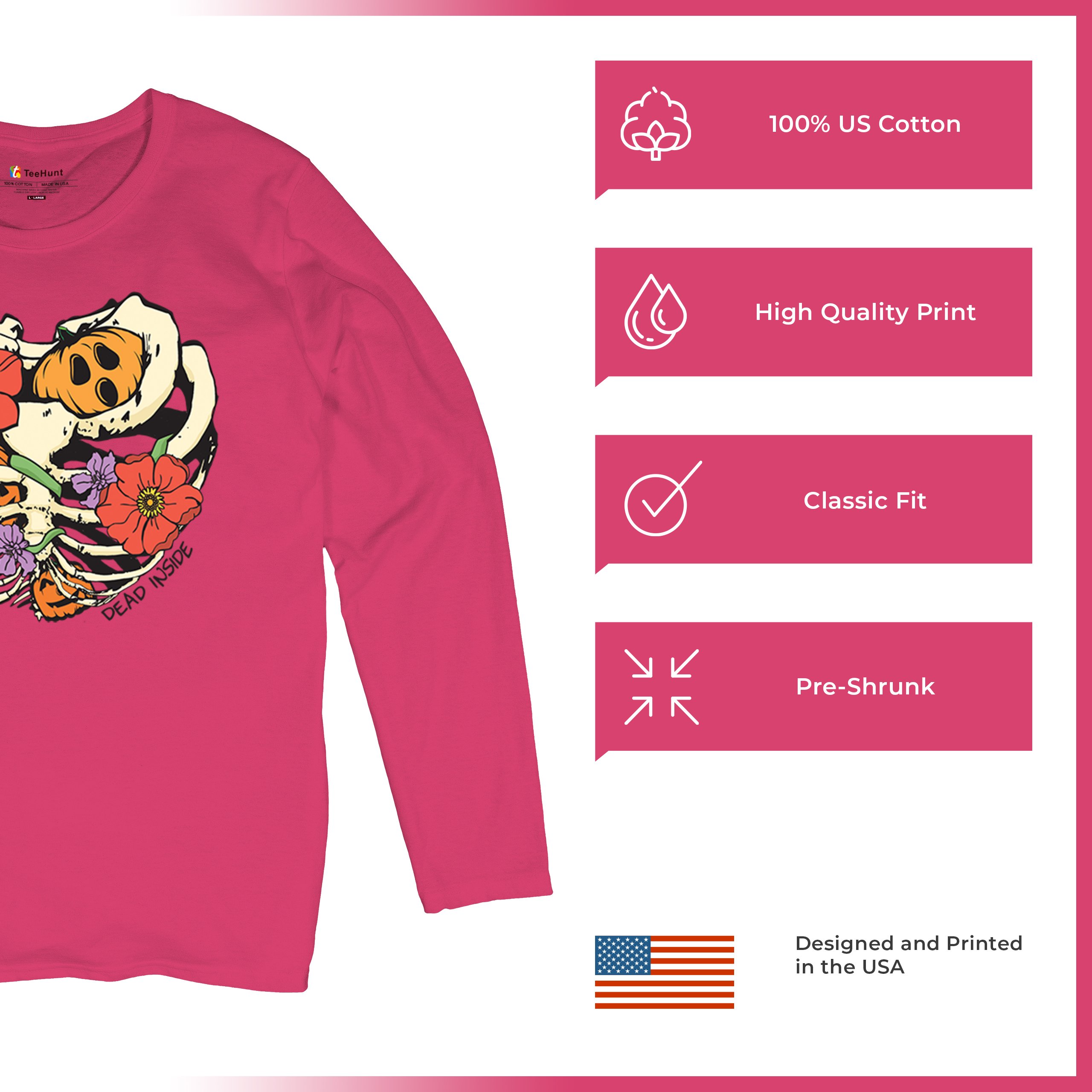 Dead Inside Women's Long Sleeve T-shirt Halloween Rib Cage Trick Or Treat Cute - Picture 49 of 50