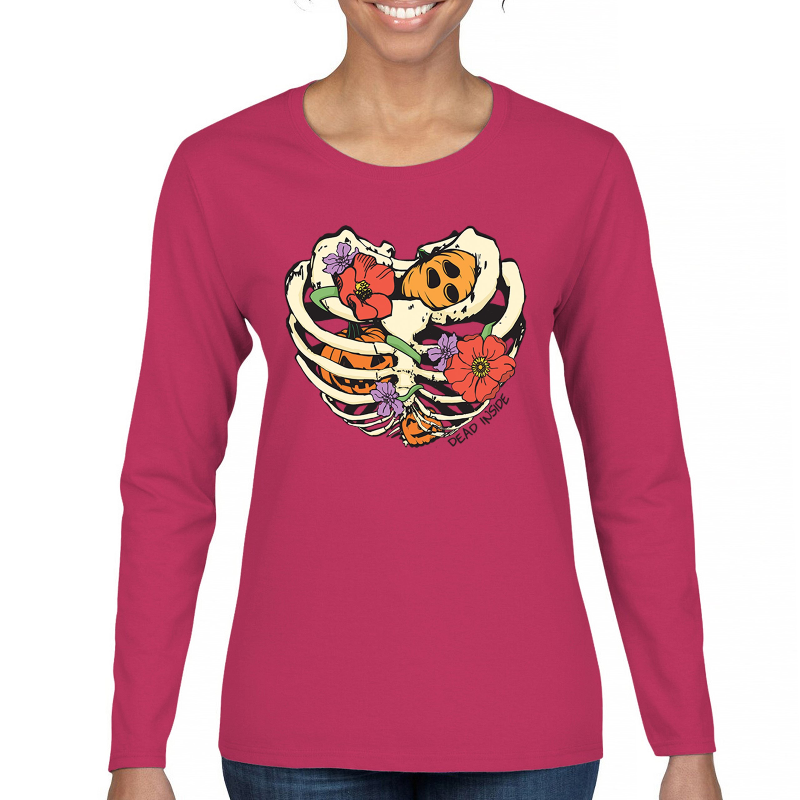 Dead Inside Women's Long Sleeve T-shirt Halloween Rib Cage Trick Or Treat Cute - Picture 44 of 50
