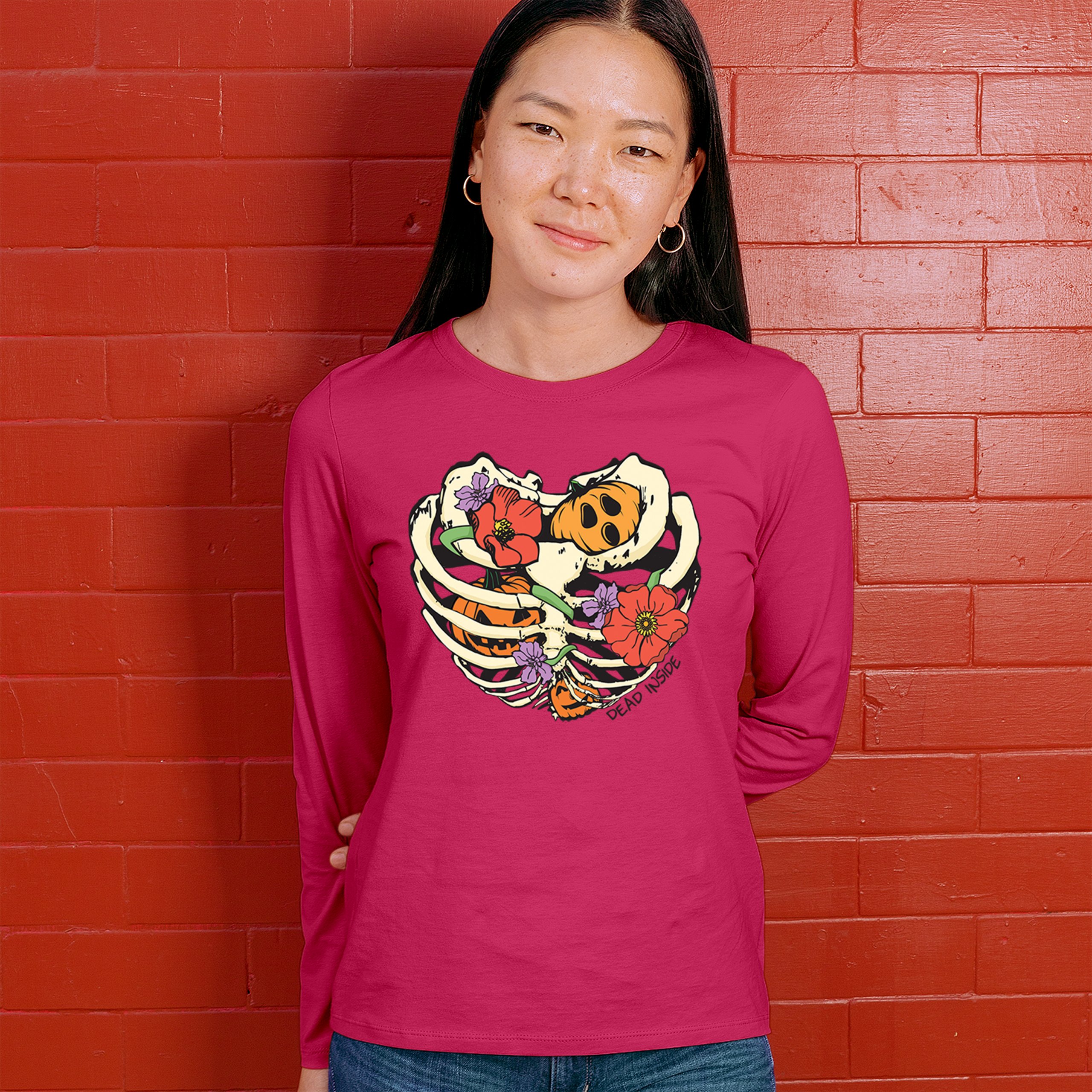 Dead Inside Women's Long Sleeve T-shirt Halloween Rib Cage Trick Or Treat Cute - Picture 47 of 50