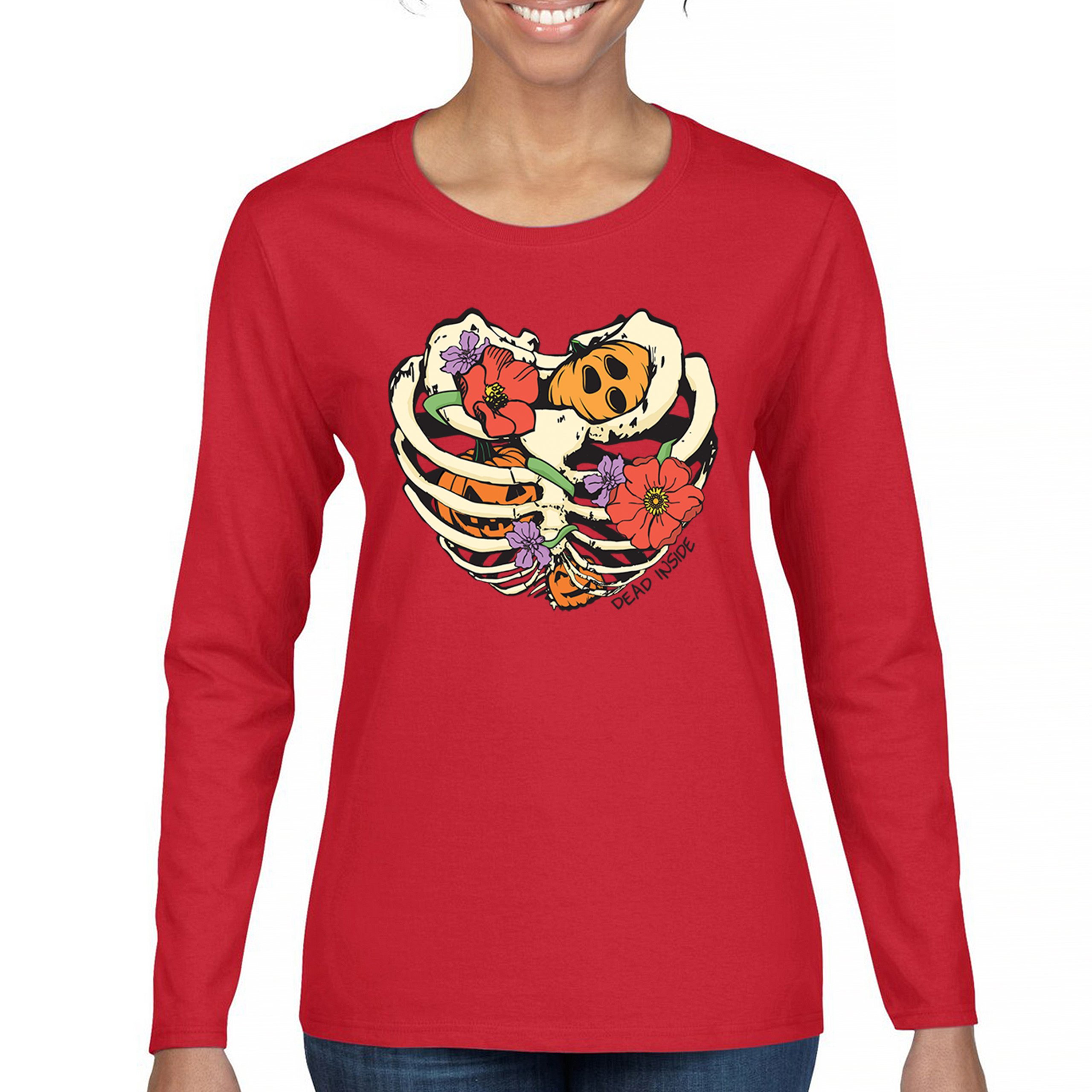 Dead Inside Women's Long Sleeve T-shirt Halloween Rib Cage Trick Or Treat Cute - Picture 16 of 50