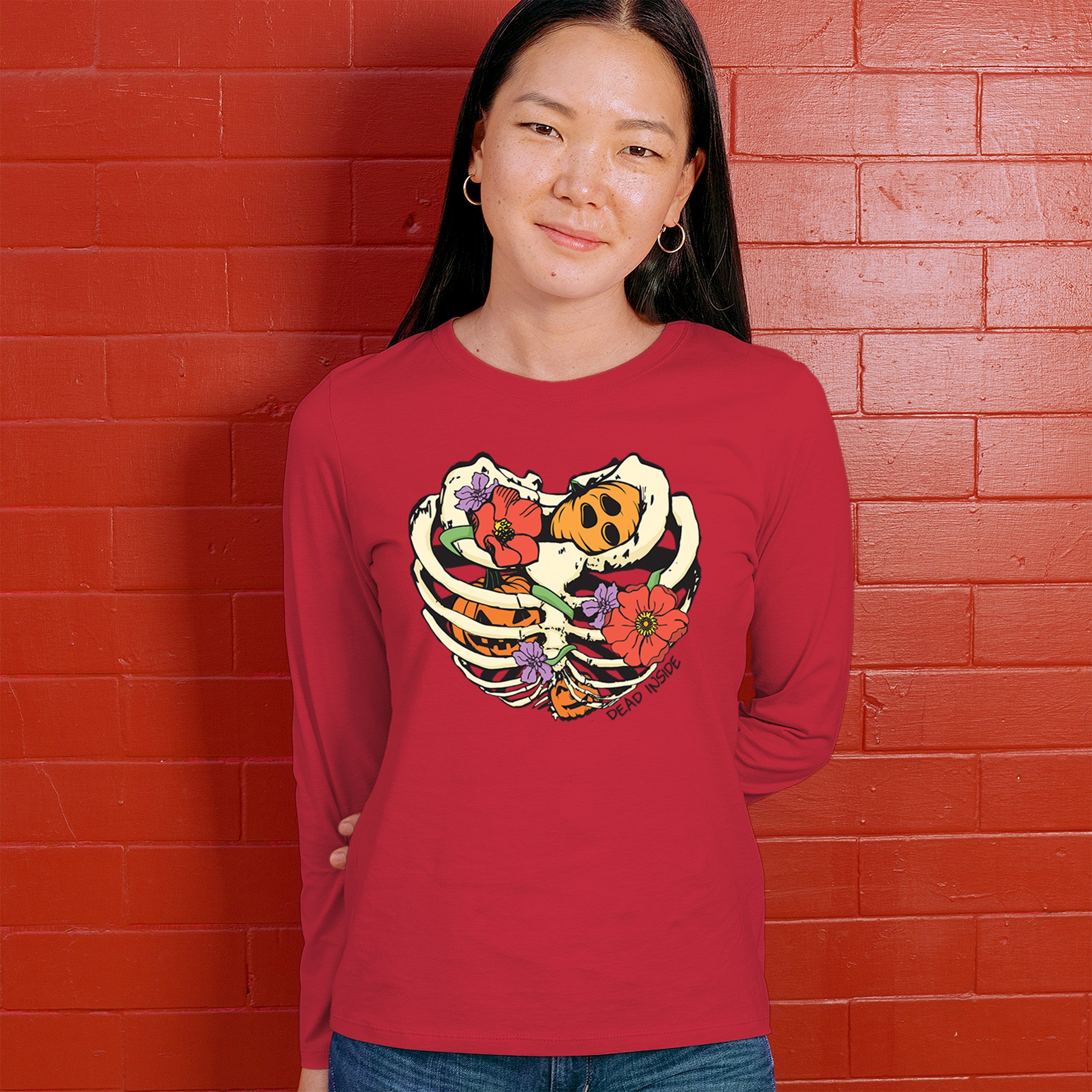 Dead Inside Women's Long Sleeve T-shirt Halloween Rib Cage Trick Or Treat Cute - Picture 19 of 50