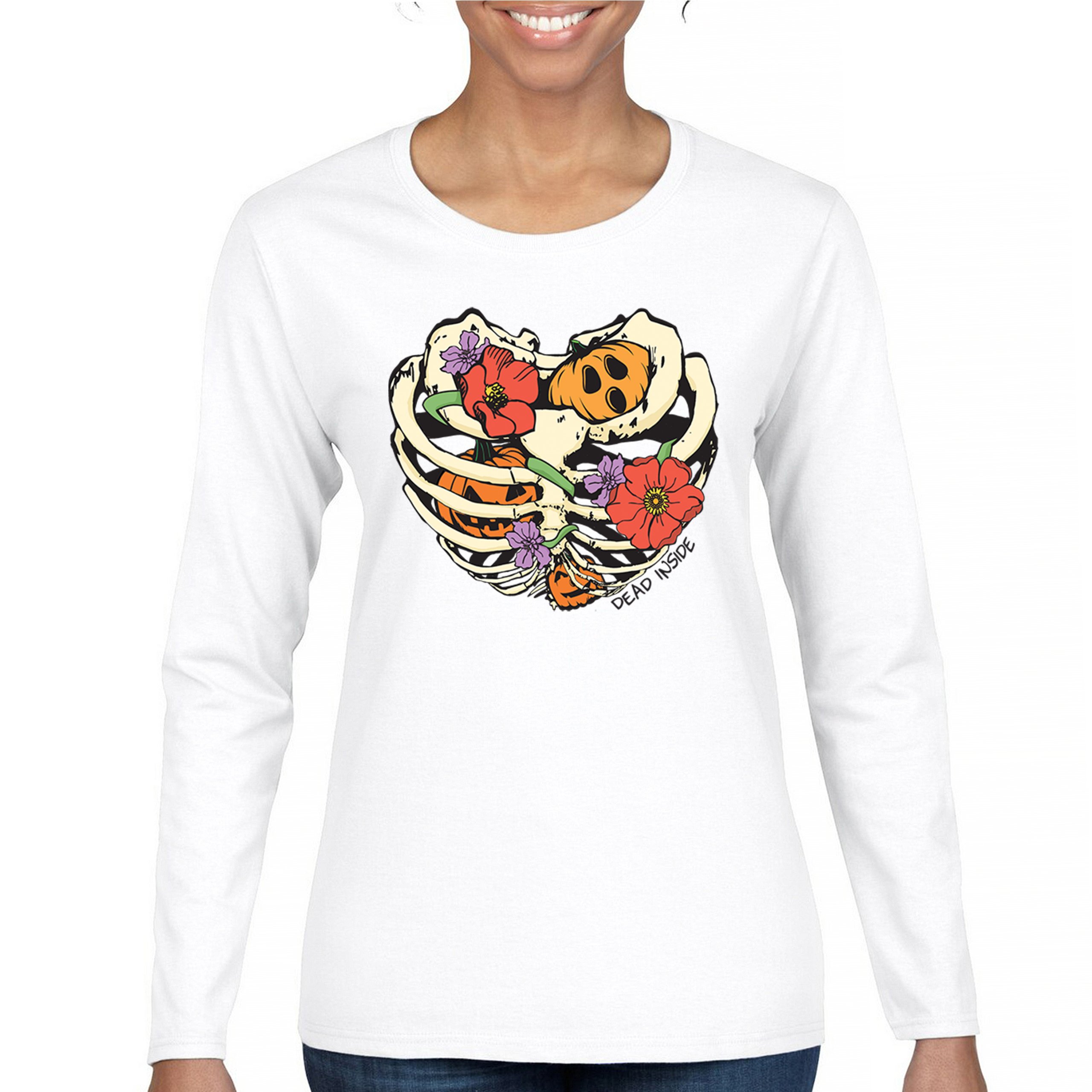 Dead Inside Women's Long Sleeve T-shirt Halloween Rib Cage Trick Or Treat Cute - Picture 23 of 50