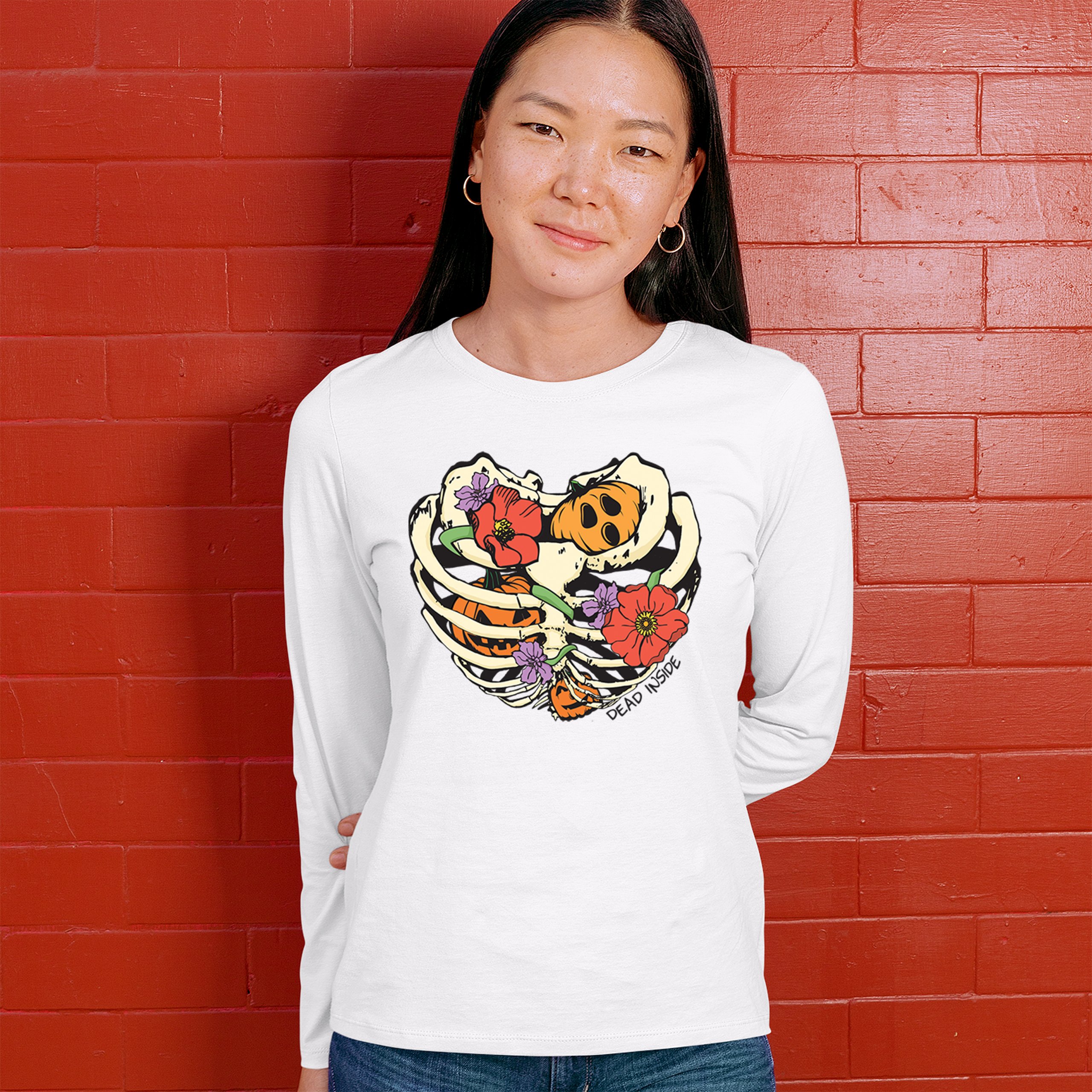 Dead Inside Women's Long Sleeve T-shirt Halloween Rib Cage Trick Or Treat Cute - Picture 26 of 50