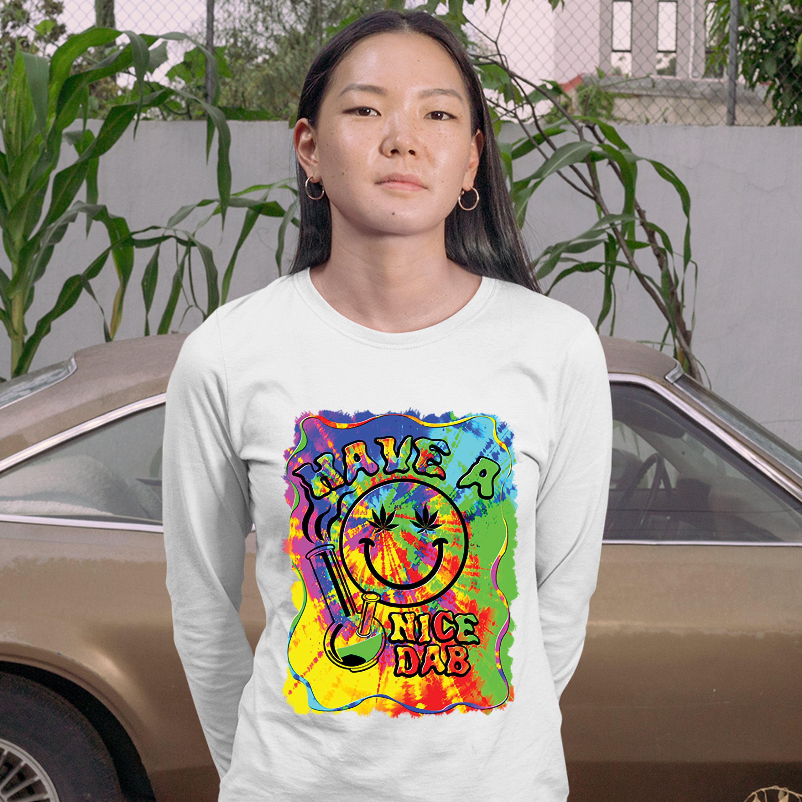 Have a Nice Dab Women's Long Sleeve T-shirt 420 Happy Face Hitting a Weed Bong - Picture 5 of 29