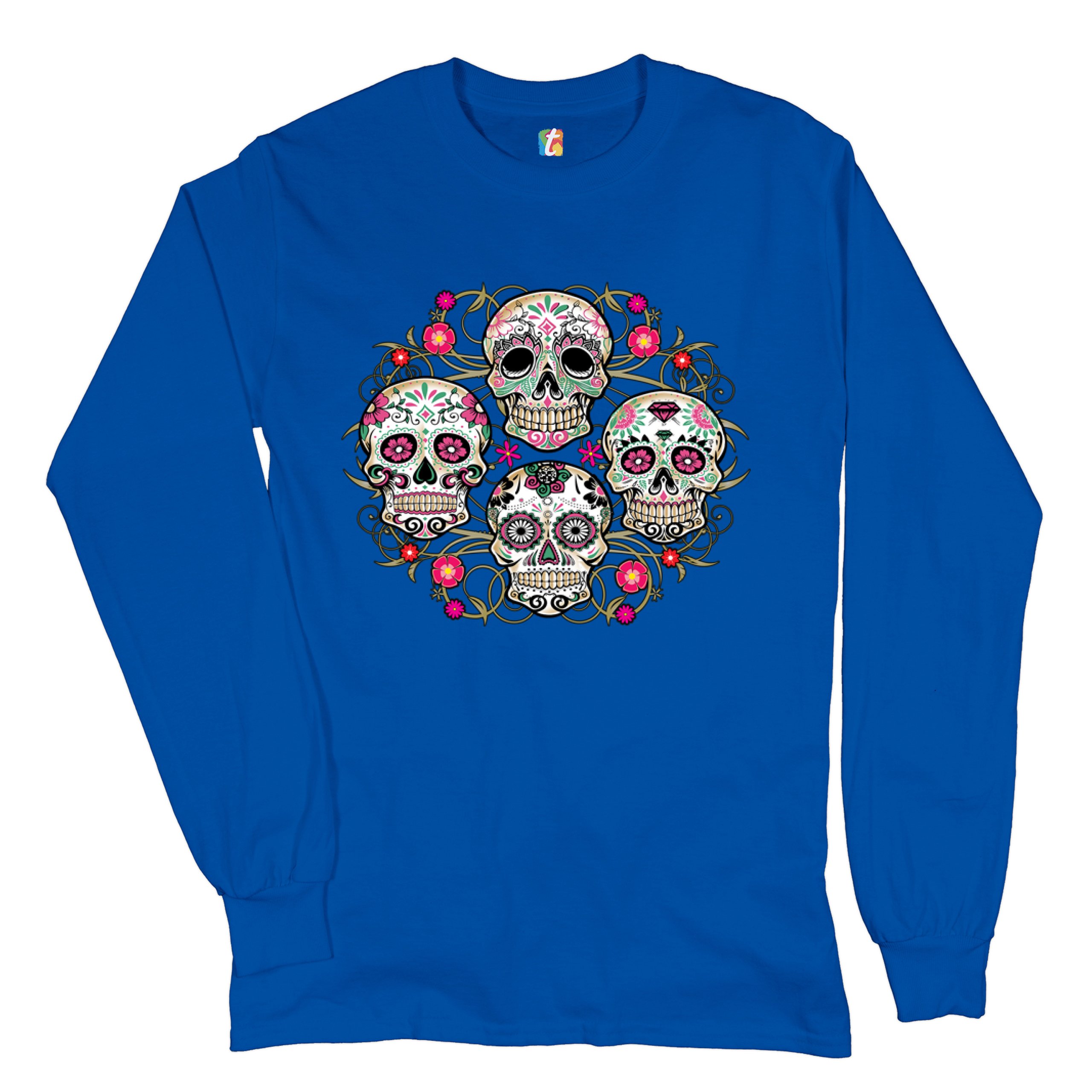 Day of the Dead Floral Sugar Skulls Long Sleeve T-shirt Dia de los Muertos - Picture 34 of 45