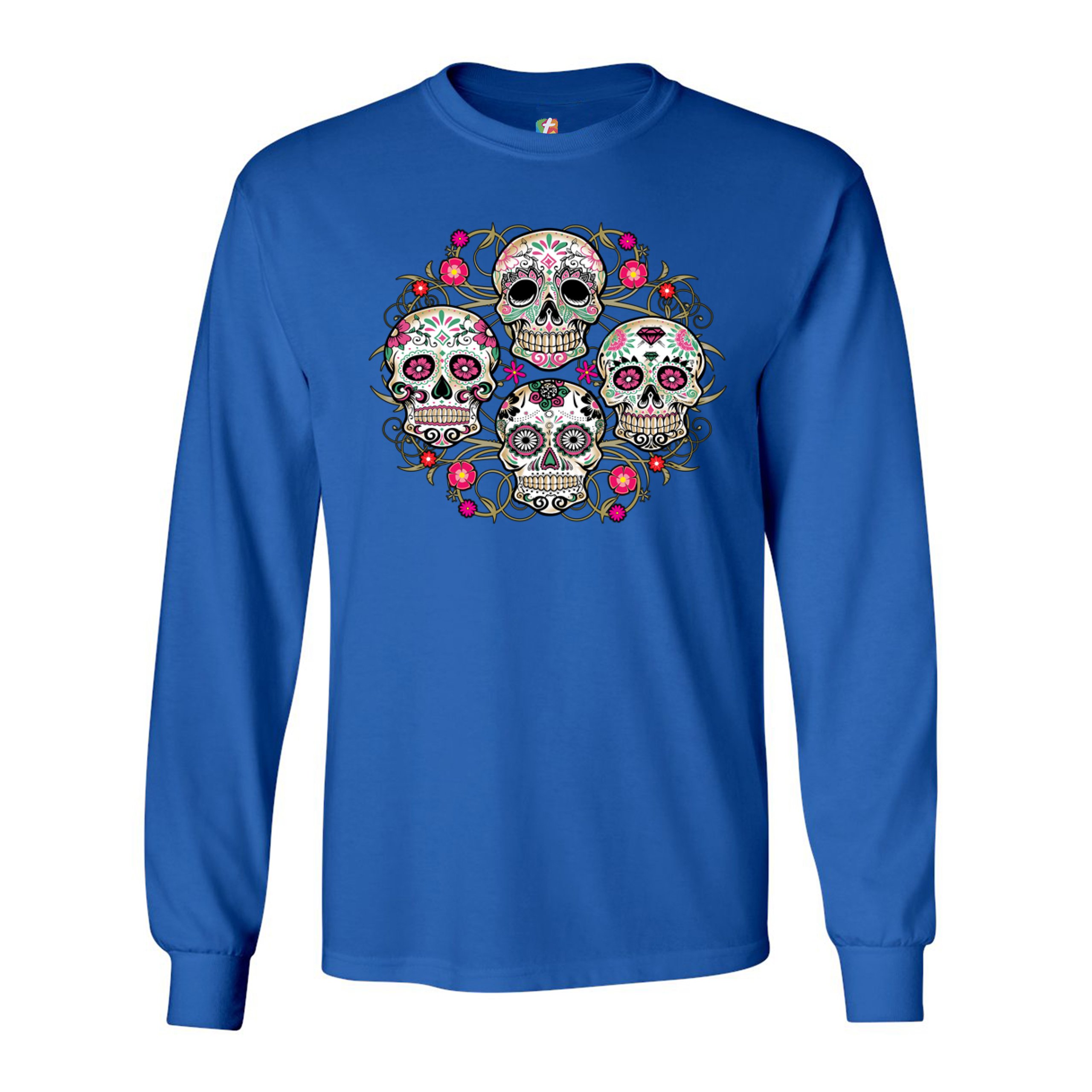 Day of the Dead Floral Sugar Skulls Long Sleeve T-shirt Dia de los Muertos - Picture 35 of 45