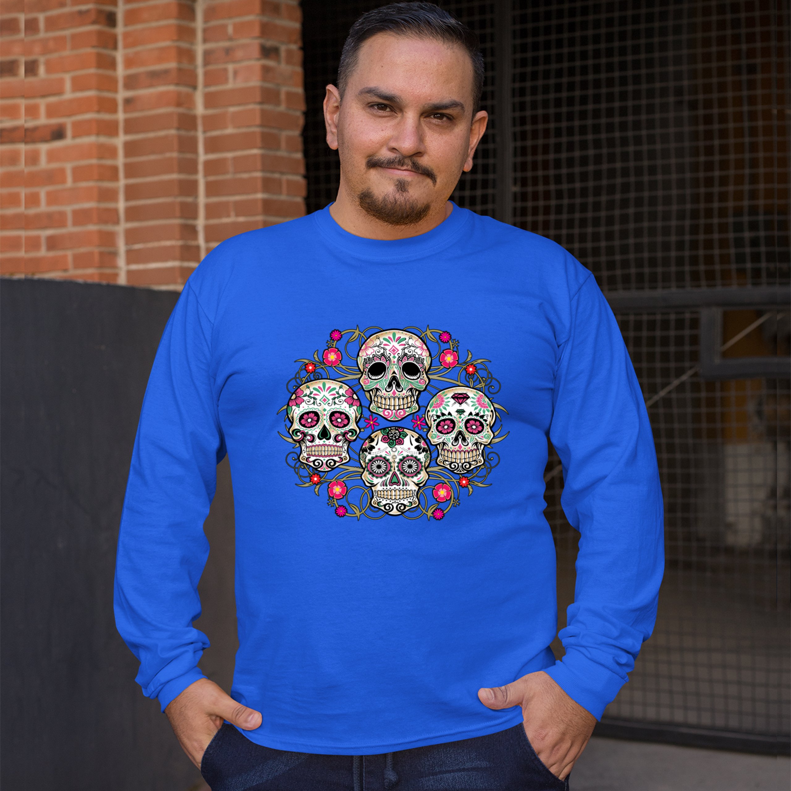 Day of the Dead Floral Sugar Skulls Long Sleeve T-shirt Dia de los Muertos - Picture 37 of 45