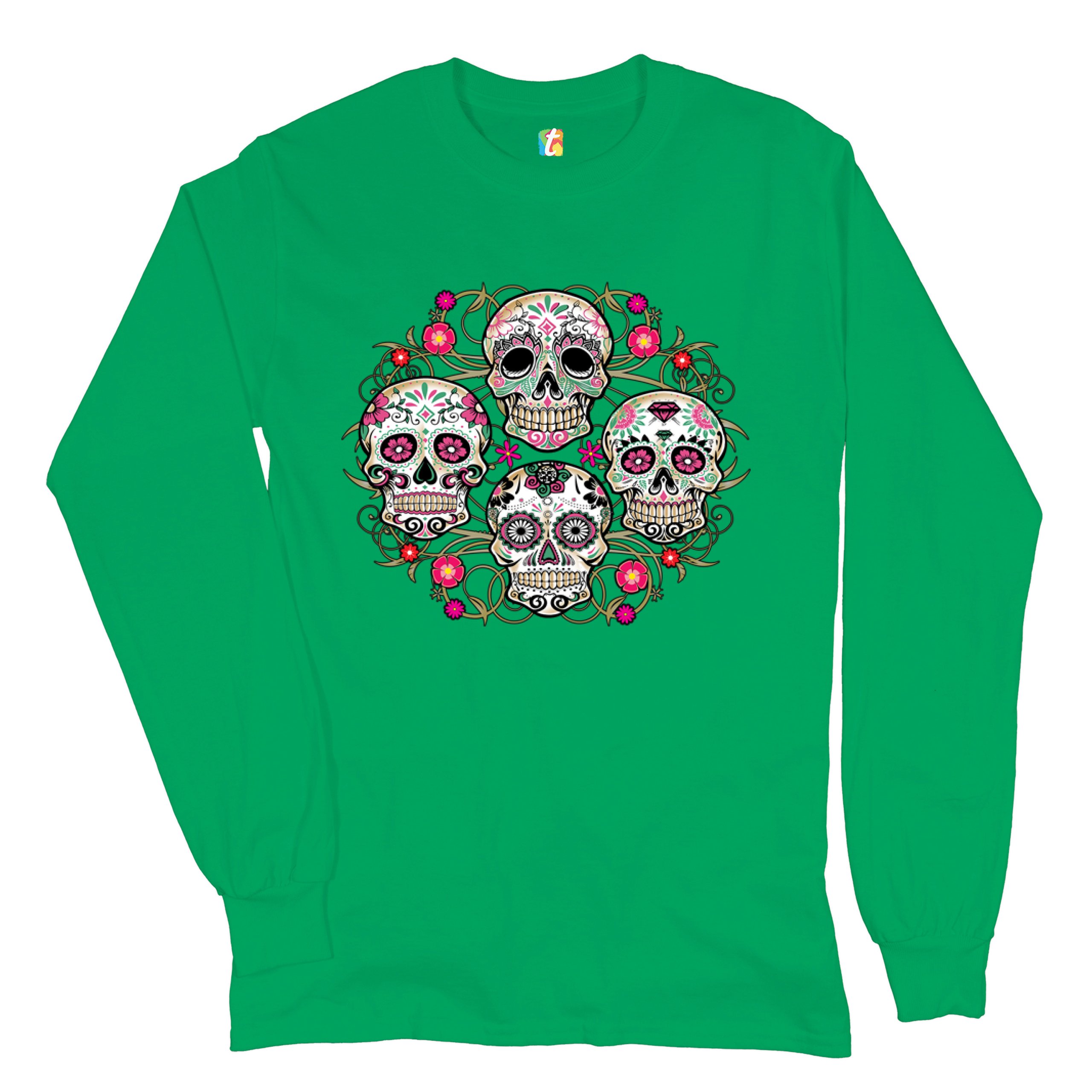 Day of the Dead Floral Sugar Skulls Long Sleeve T-shirt Dia de los Muertos - Picture 26 of 45