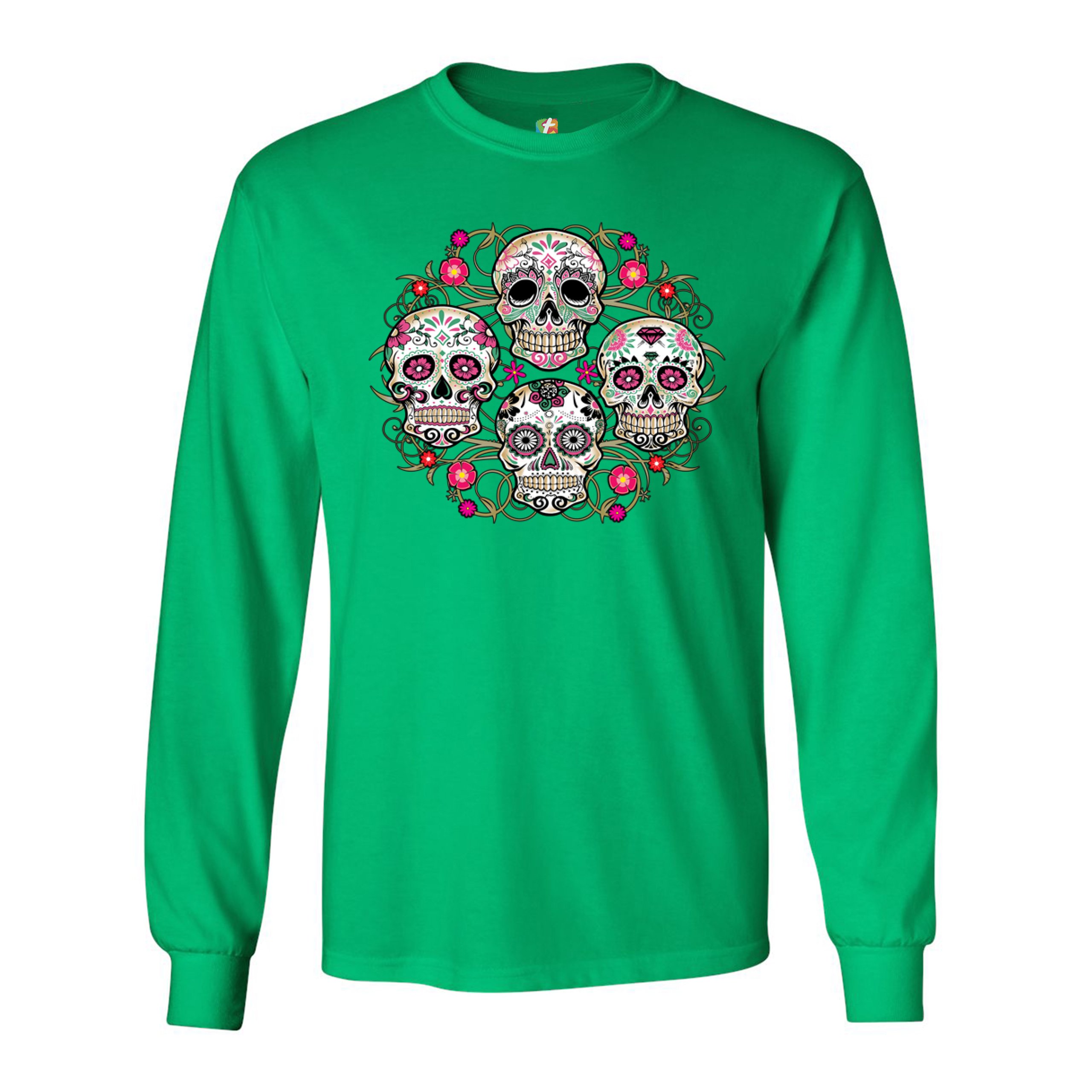 Day of the Dead Floral Sugar Skulls Long Sleeve T-shirt Dia de los Muertos - Picture 27 of 45
