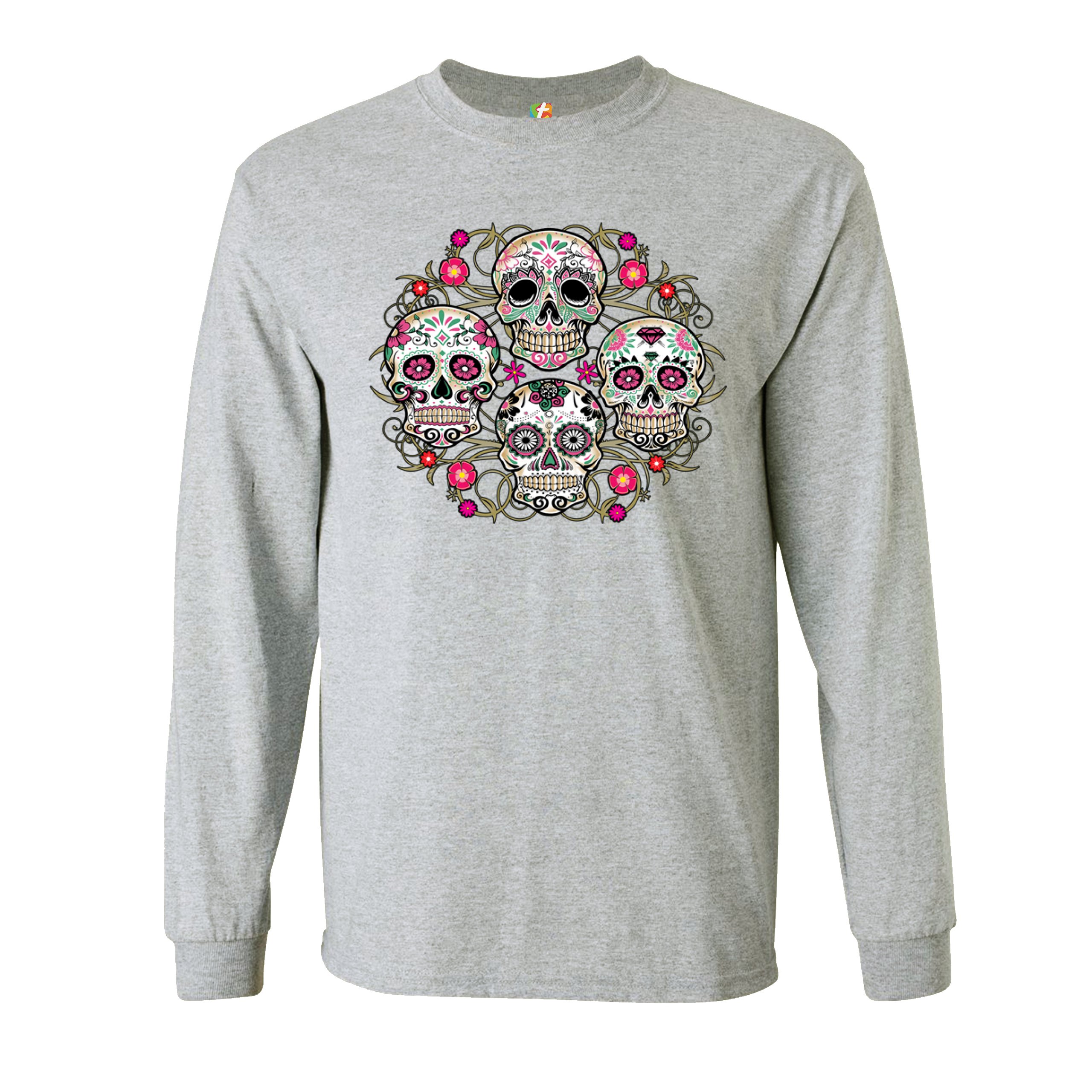 Day of the Dead Floral Sugar Skulls Long Sleeve T-shirt Dia de los Muertos - Picture 7 of 45