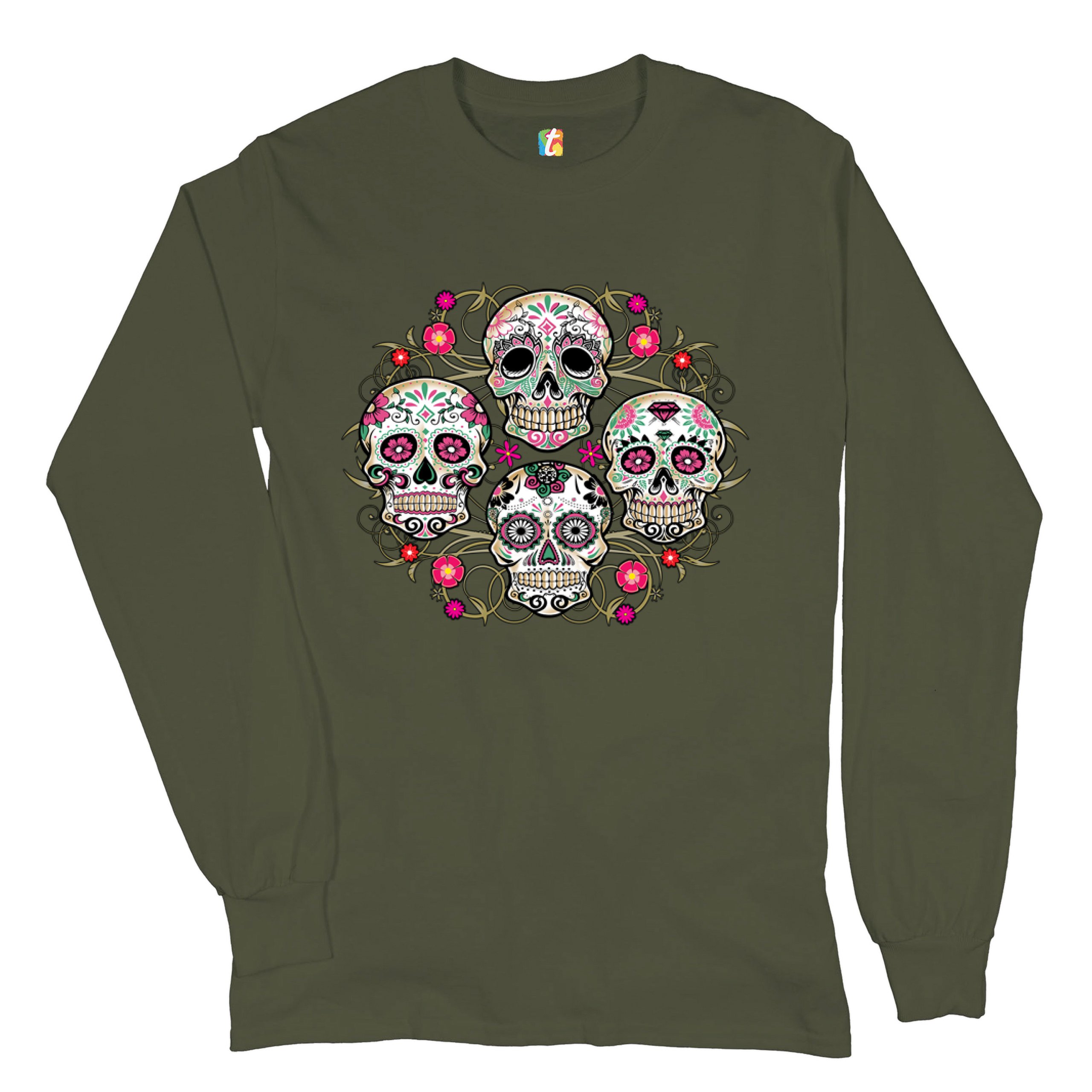 Day of the Dead Floral Sugar Skulls Long Sleeve T-shirt Dia de los Muertos - Picture 30 of 45