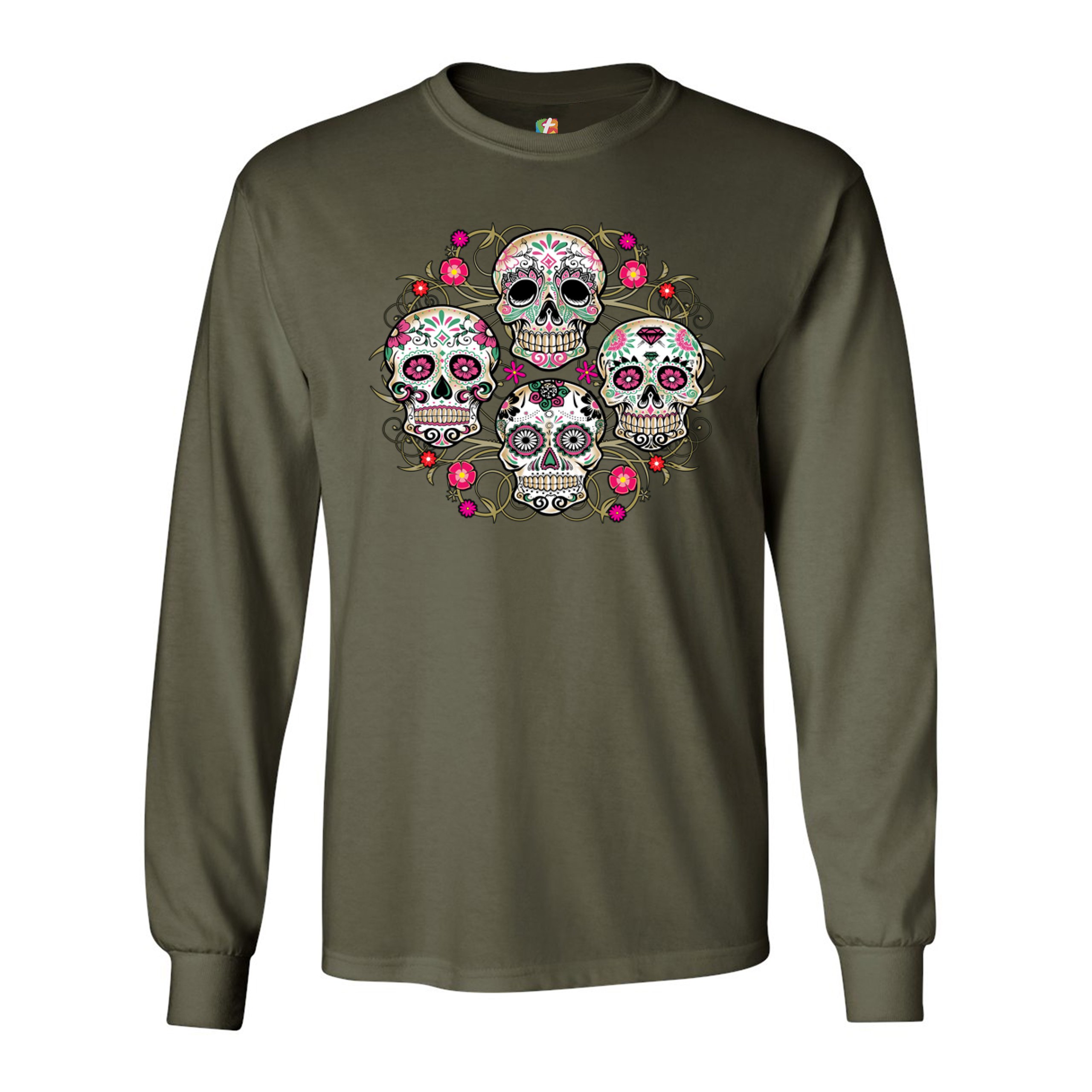 Day of the Dead Floral Sugar Skulls Long Sleeve T-shirt Dia de los Muertos - Picture 31 of 45