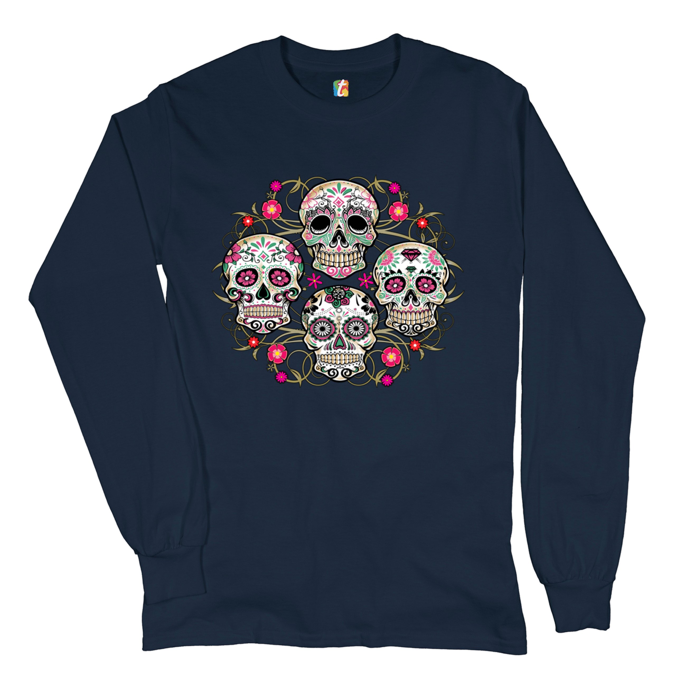 Day of the Dead Floral Sugar Skulls Long Sleeve T-shirt Dia de los Muertos - Picture 22 of 45