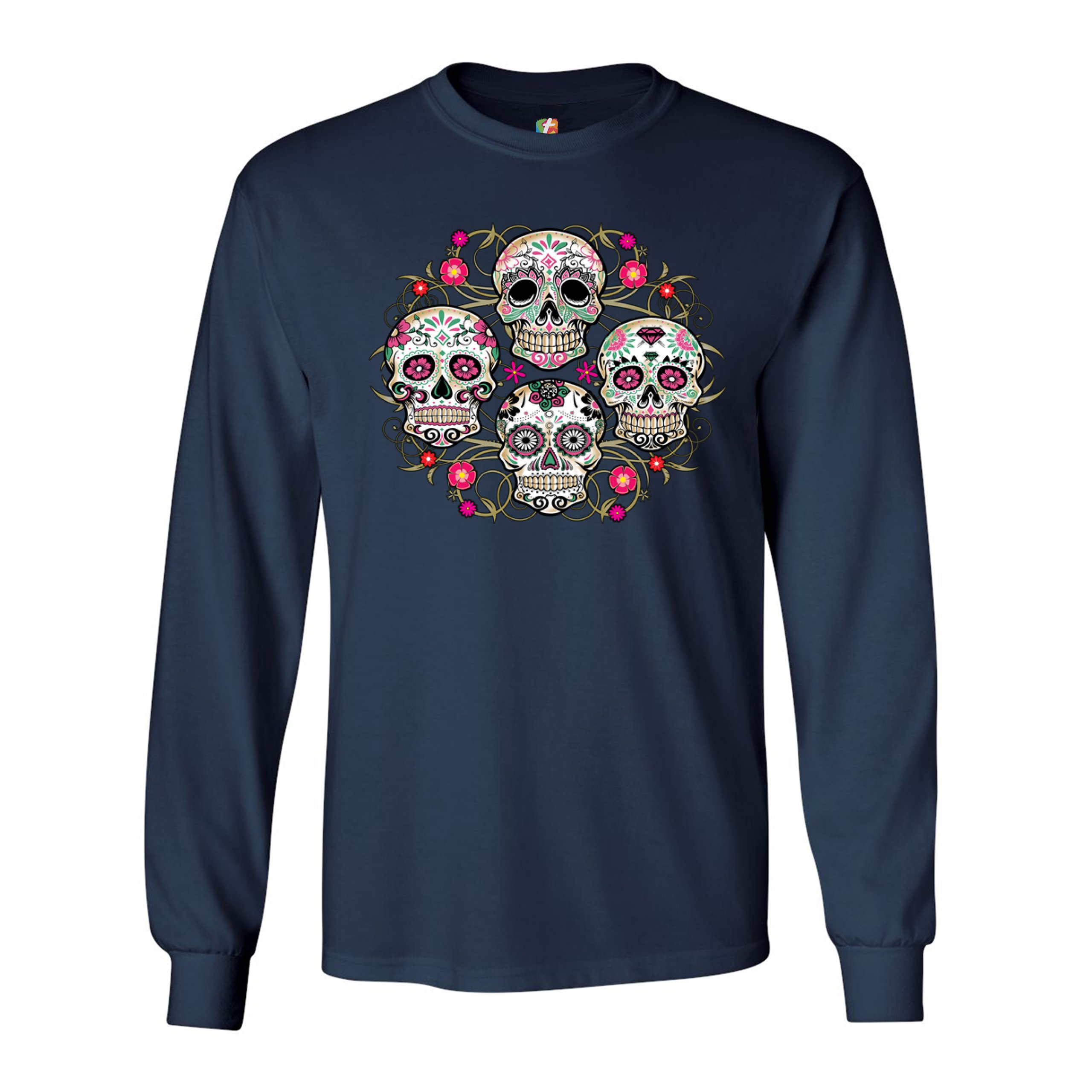 Day of the Dead Floral Sugar Skulls Long Sleeve T-shirt Dia de los Muertos - Picture 23 of 45