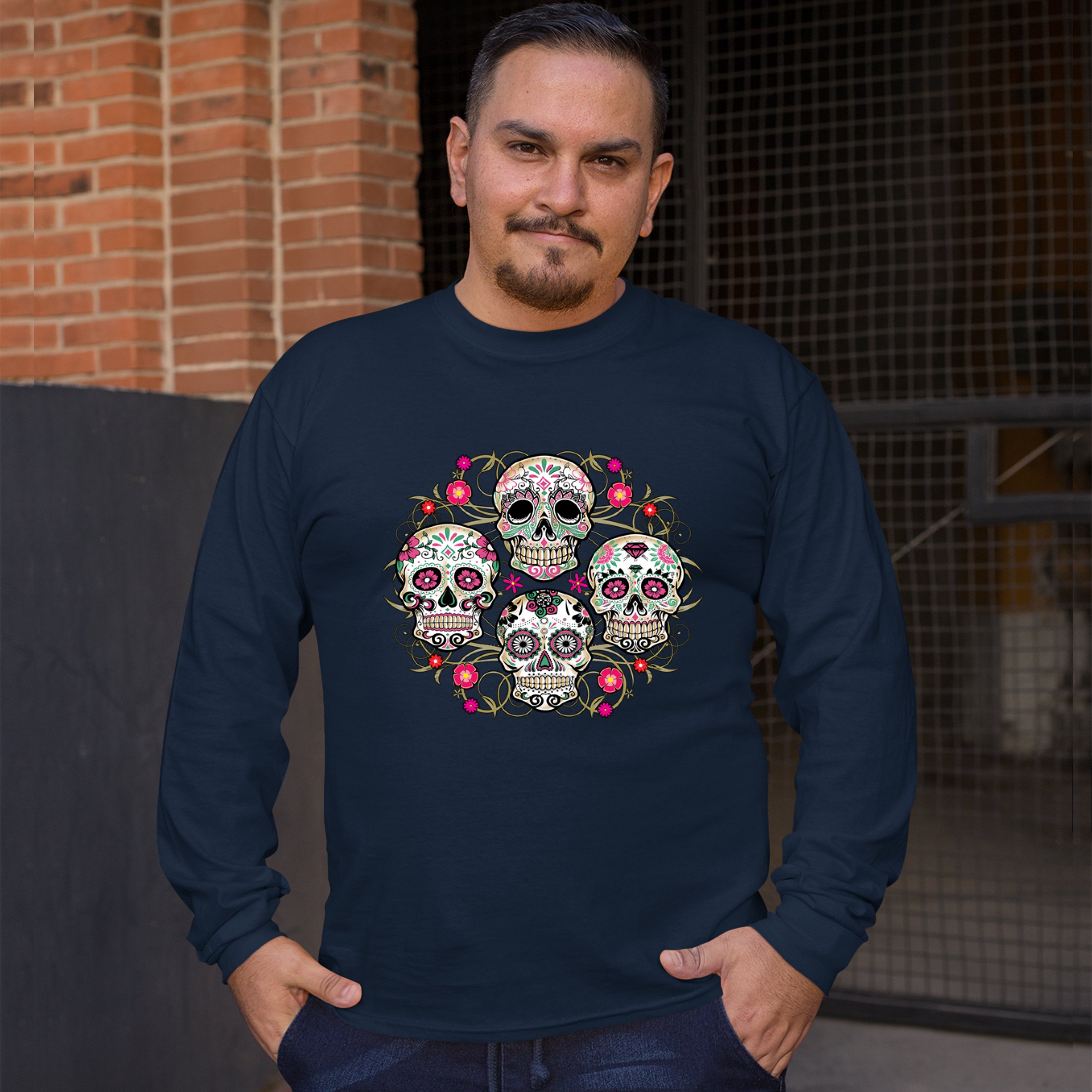 Day of the Dead Floral Sugar Skulls Long Sleeve T-shirt Dia de los Muertos - Picture 25 of 45