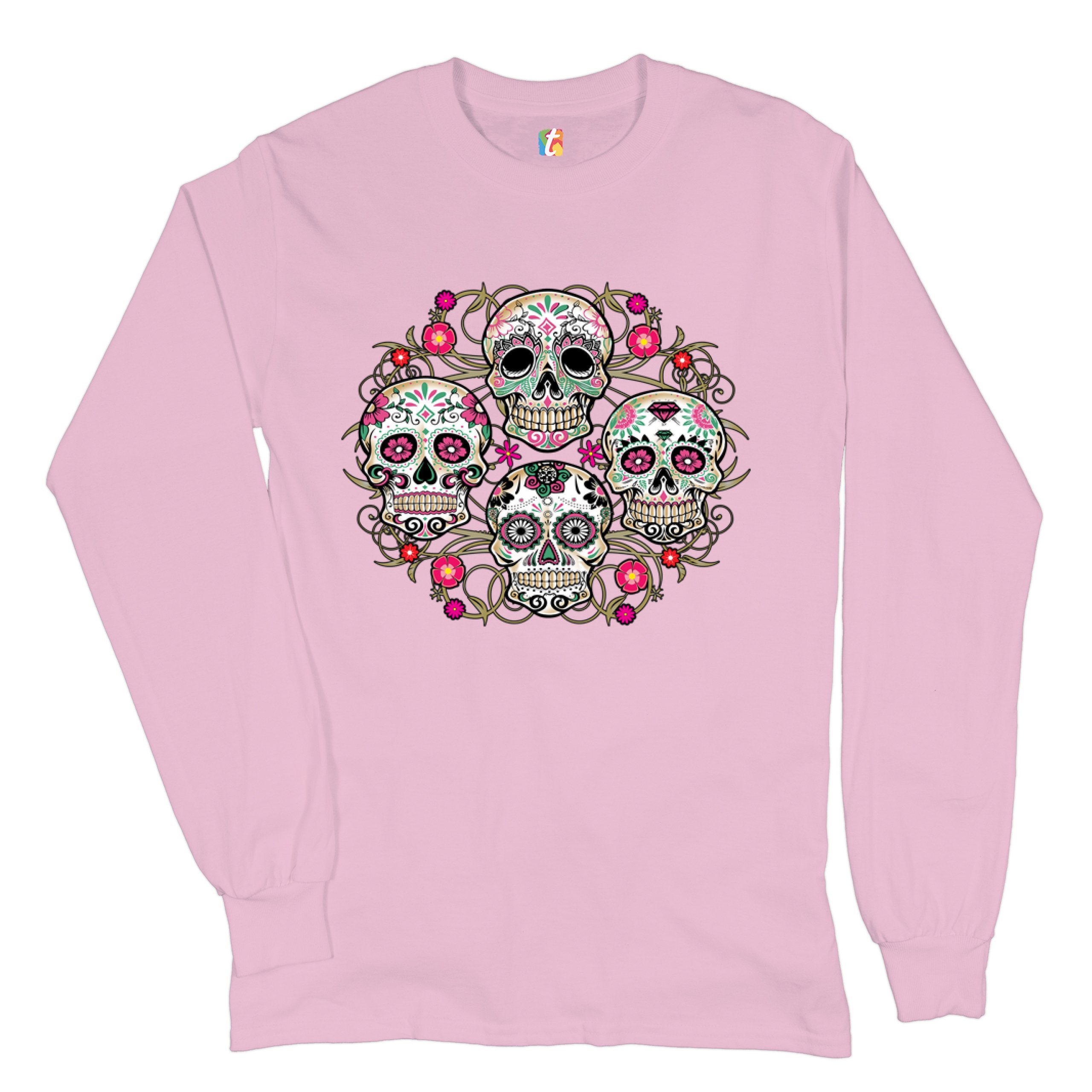 Day of the Dead Floral Sugar Skulls Long Sleeve T-shirt Dia de los Muertos - Picture 42 of 45