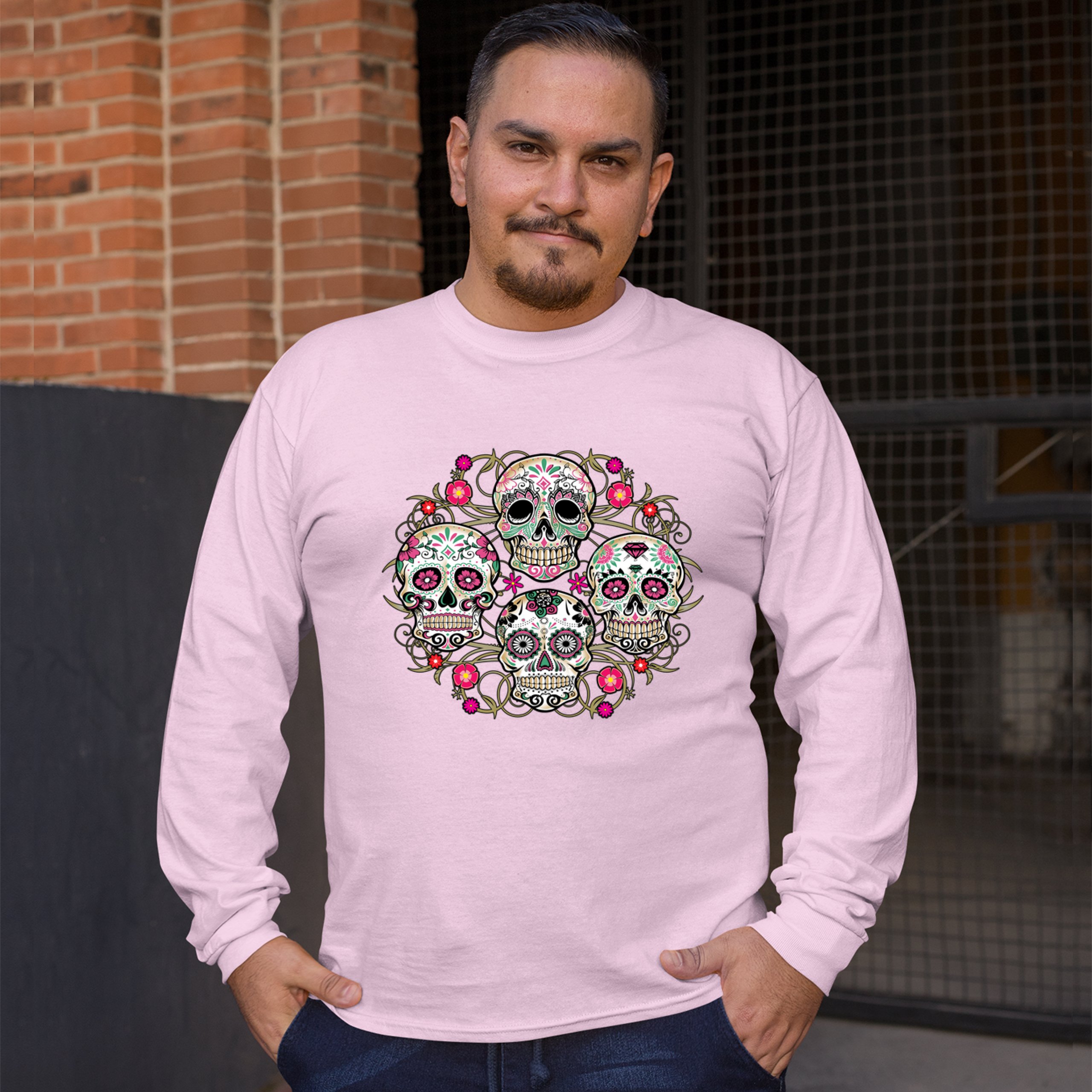 Day of the Dead Floral Sugar Skulls Long Sleeve T-shirt Dia de los Muertos - Picture 45 of 45