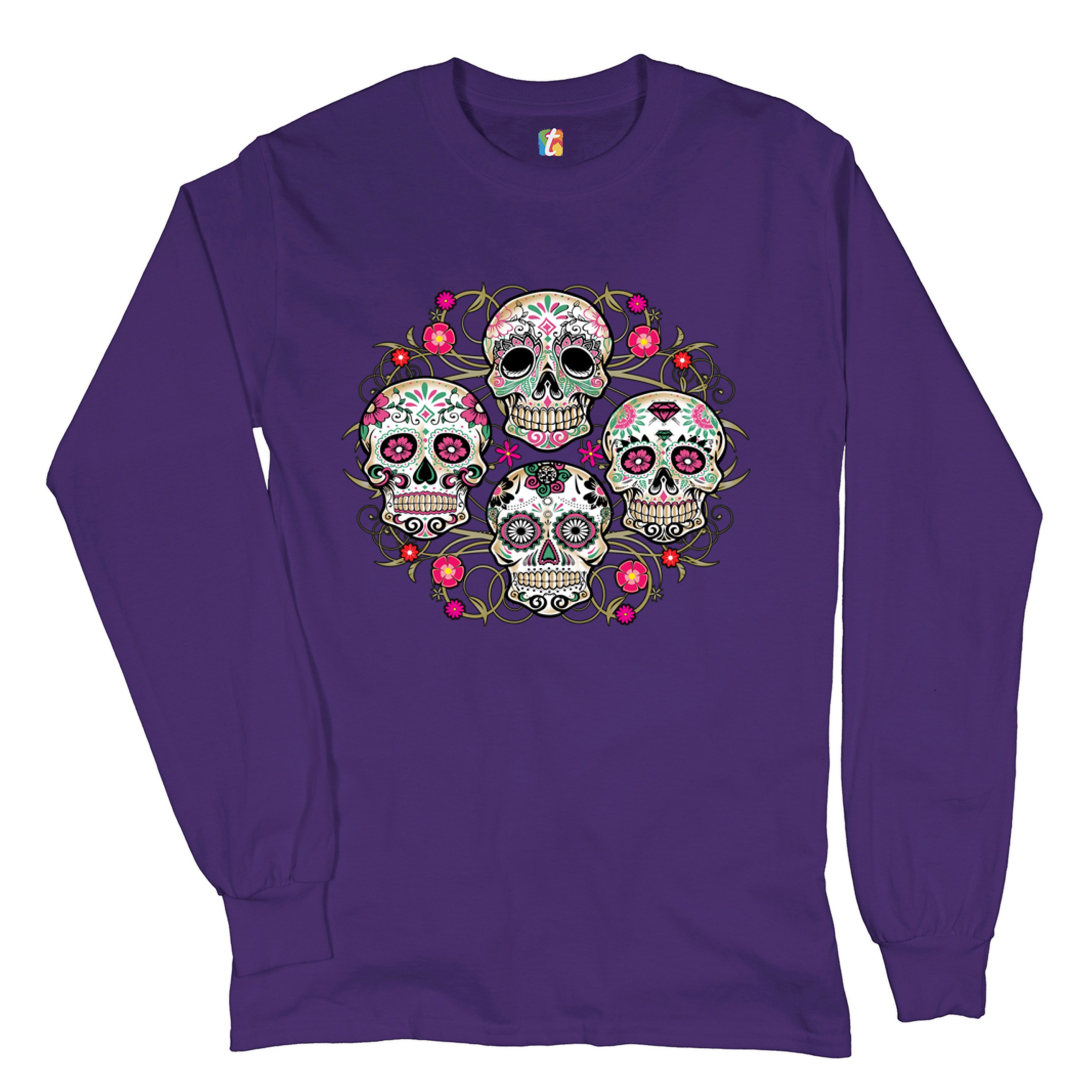 Day of the Dead Floral Sugar Skulls Long Sleeve T-shirt Dia de los Muertos - Picture 10 of 45