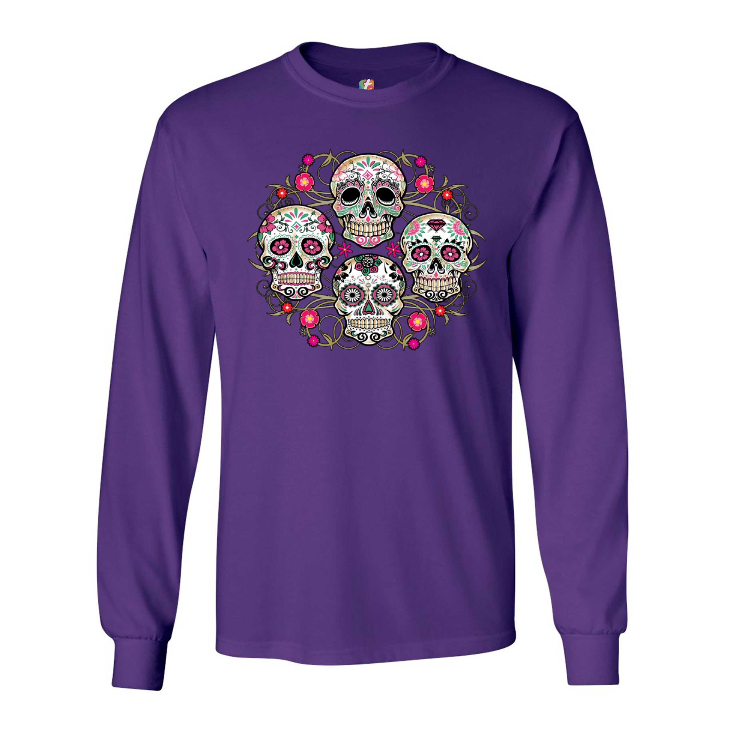 Day of the Dead Floral Sugar Skulls Long Sleeve T-shirt Dia de los Muertos - Picture 11 of 45