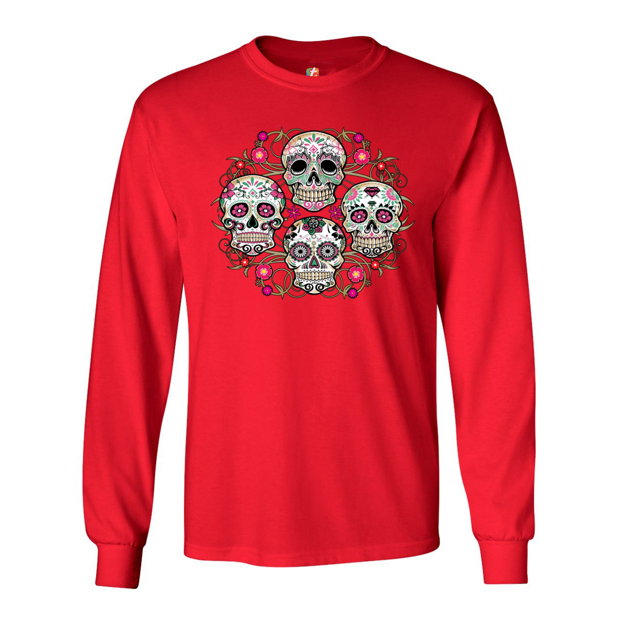 Day of the Dead Floral Sugar Skulls Long Sleeve T-shirt Dia de los Muertos - Picture 15 of 45