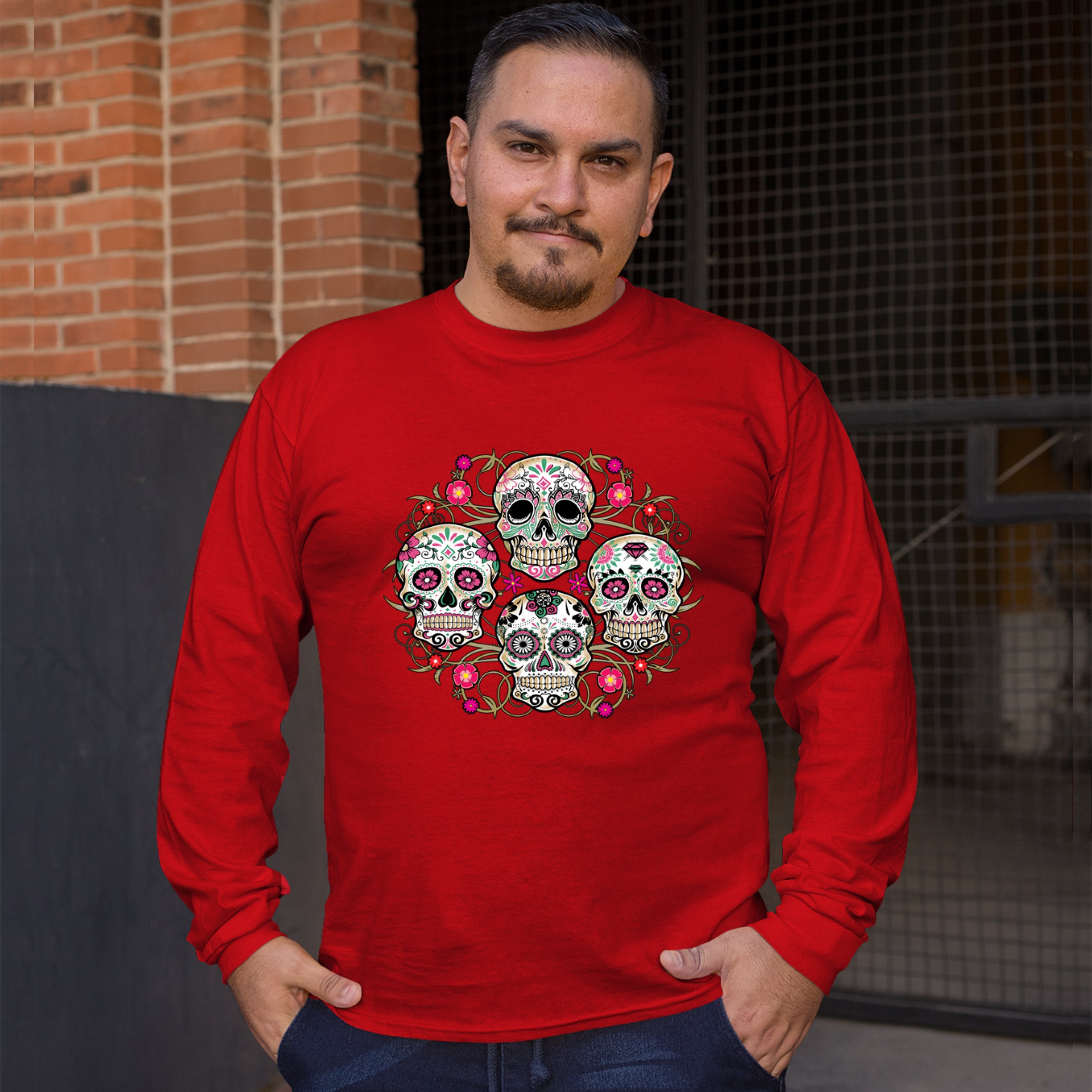 Day of the Dead Floral Sugar Skulls Long Sleeve T-shirt Dia de los Muertos - Picture 17 of 45
