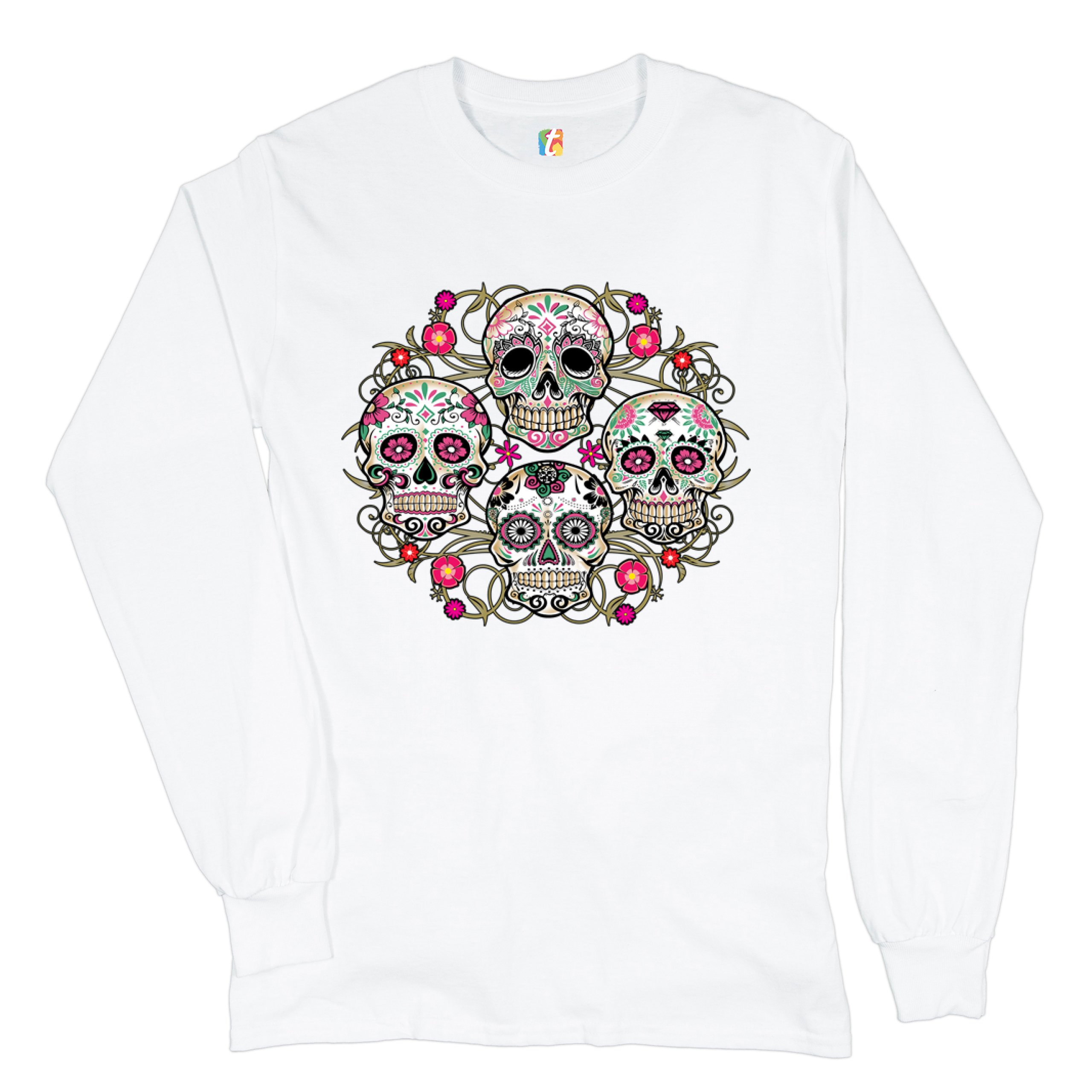 Day of the Dead Floral Sugar Skulls Long Sleeve T-shirt Dia de los Muertos - Picture 18 of 45