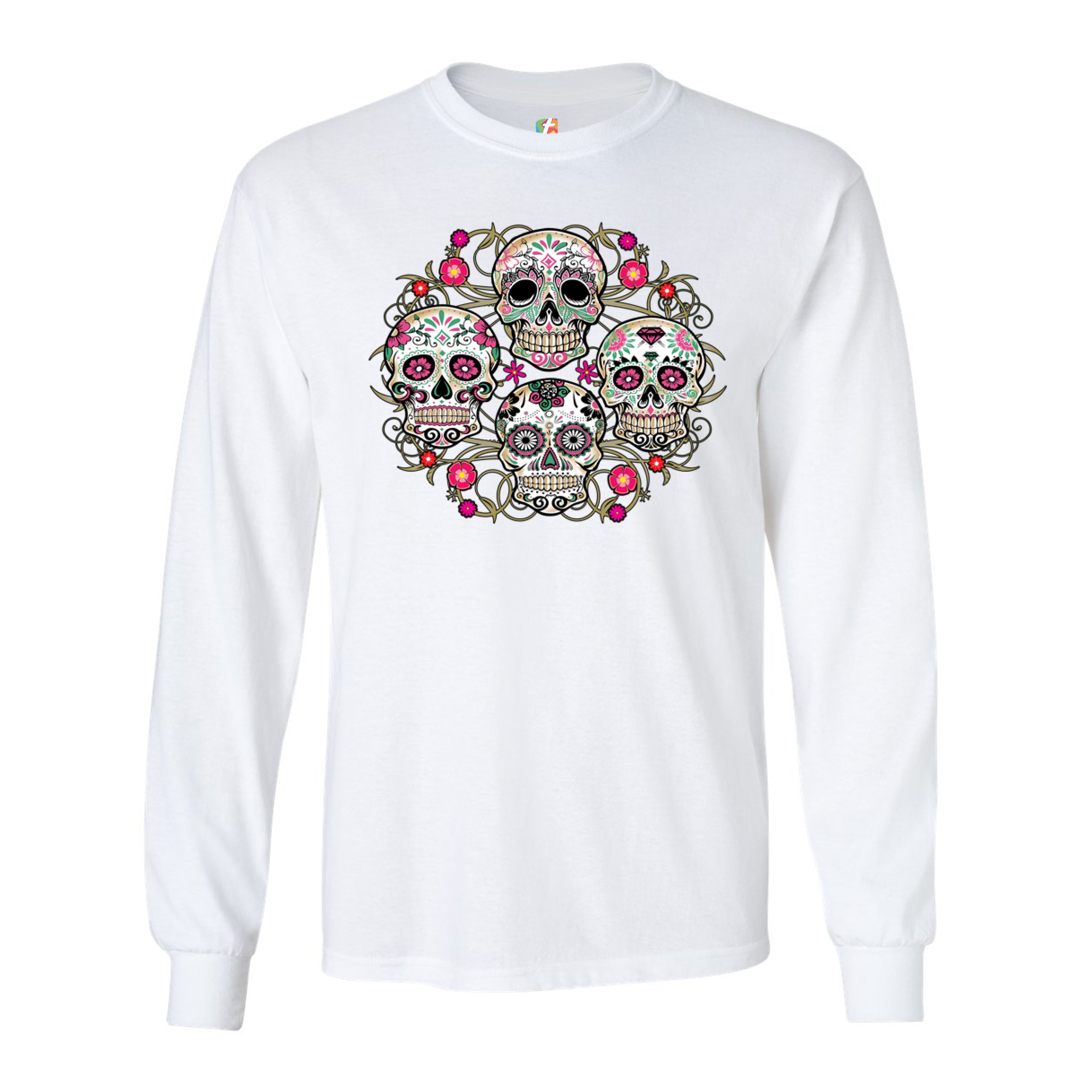 Day of the Dead Floral Sugar Skulls Long Sleeve T-shirt Dia de los Muertos - Picture 19 of 45