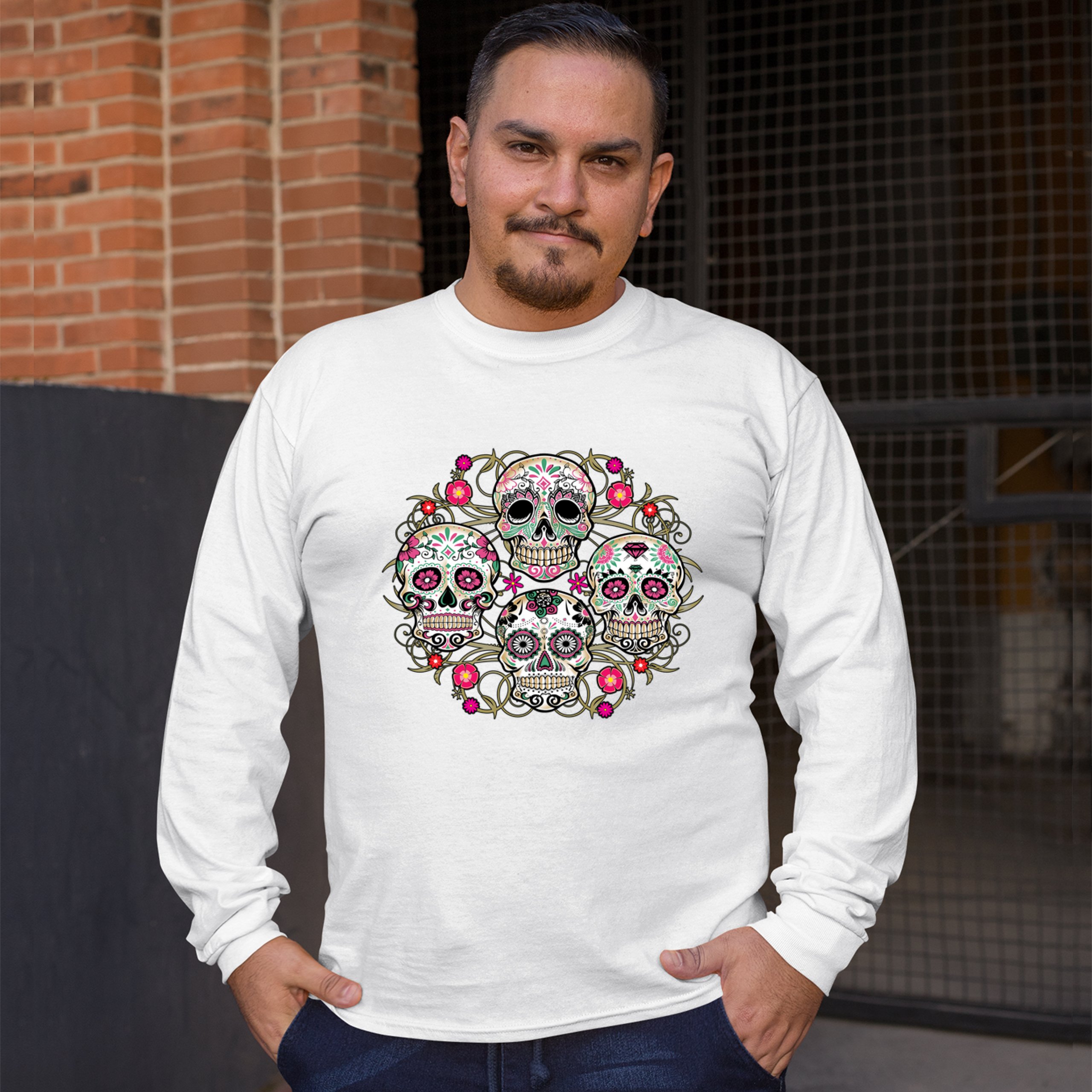 Day of the Dead Floral Sugar Skulls Long Sleeve T-shirt Dia de los Muertos - Picture 21 of 45