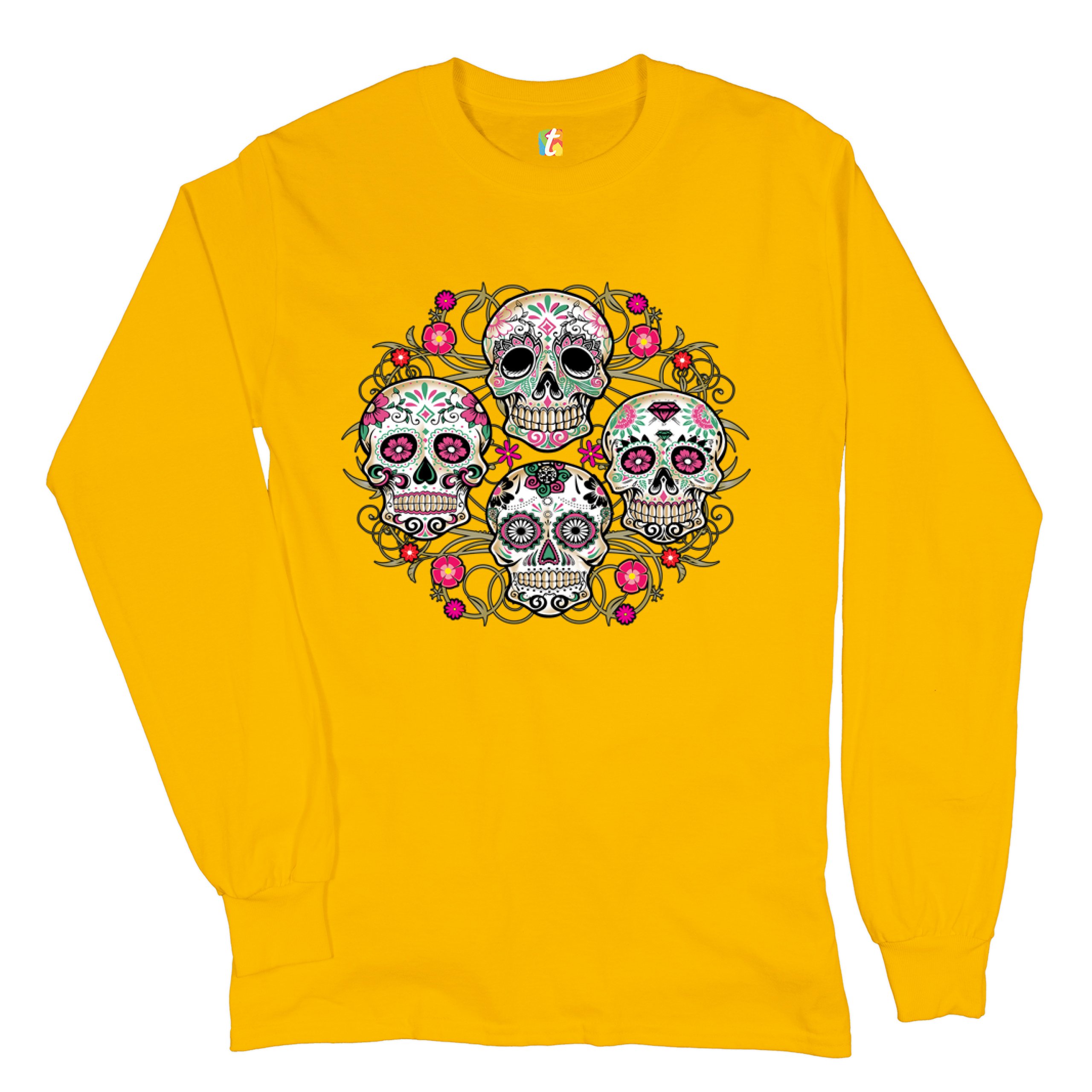 Day of the Dead Floral Sugar Skulls Long Sleeve T-shirt Dia de los Muertos - Picture 38 of 45