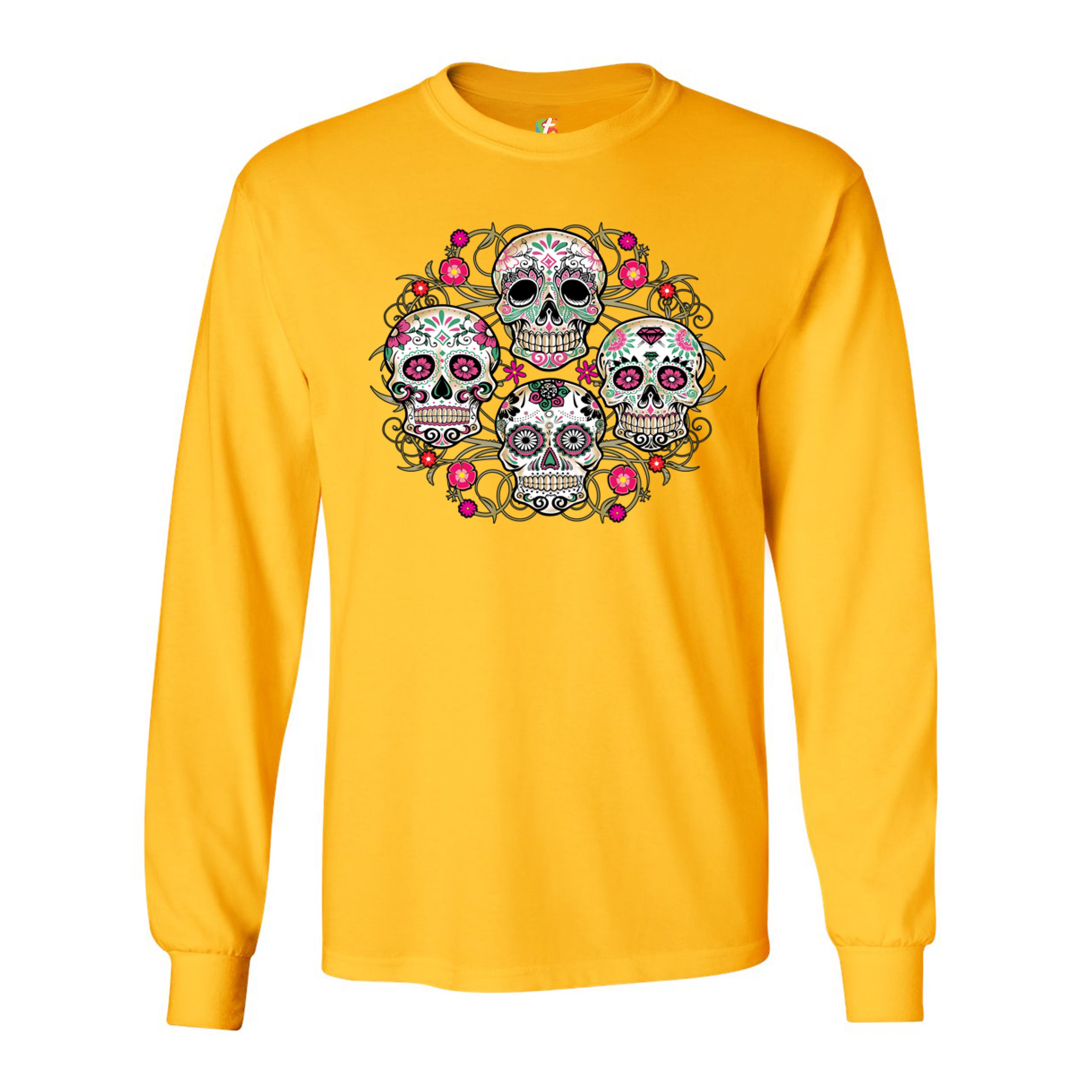 Day of the Dead Floral Sugar Skulls Long Sleeve T-shirt Dia de los Muertos - Picture 39 of 45