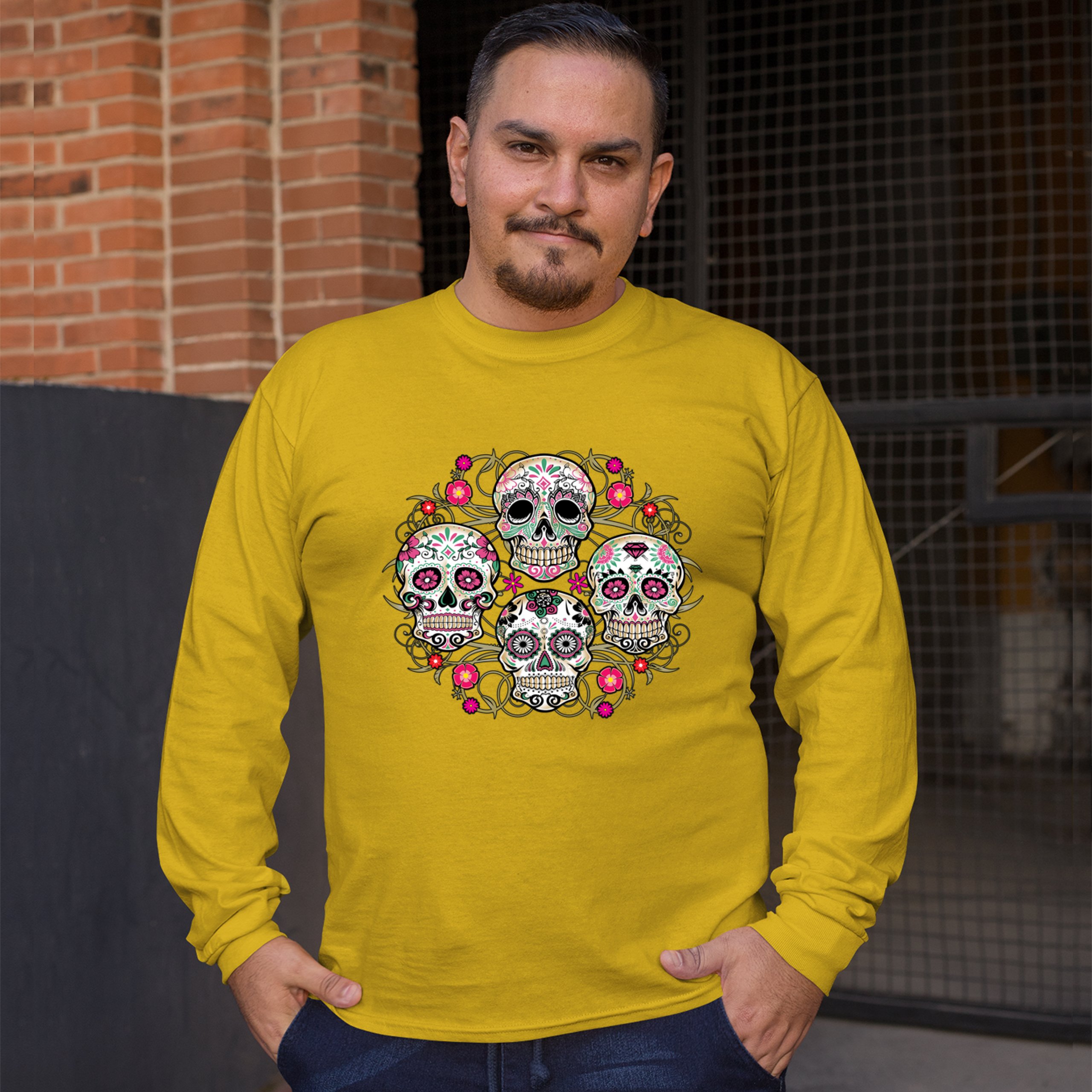 Day of the Dead Floral Sugar Skulls Long Sleeve T-shirt Dia de los Muertos - Picture 41 of 45