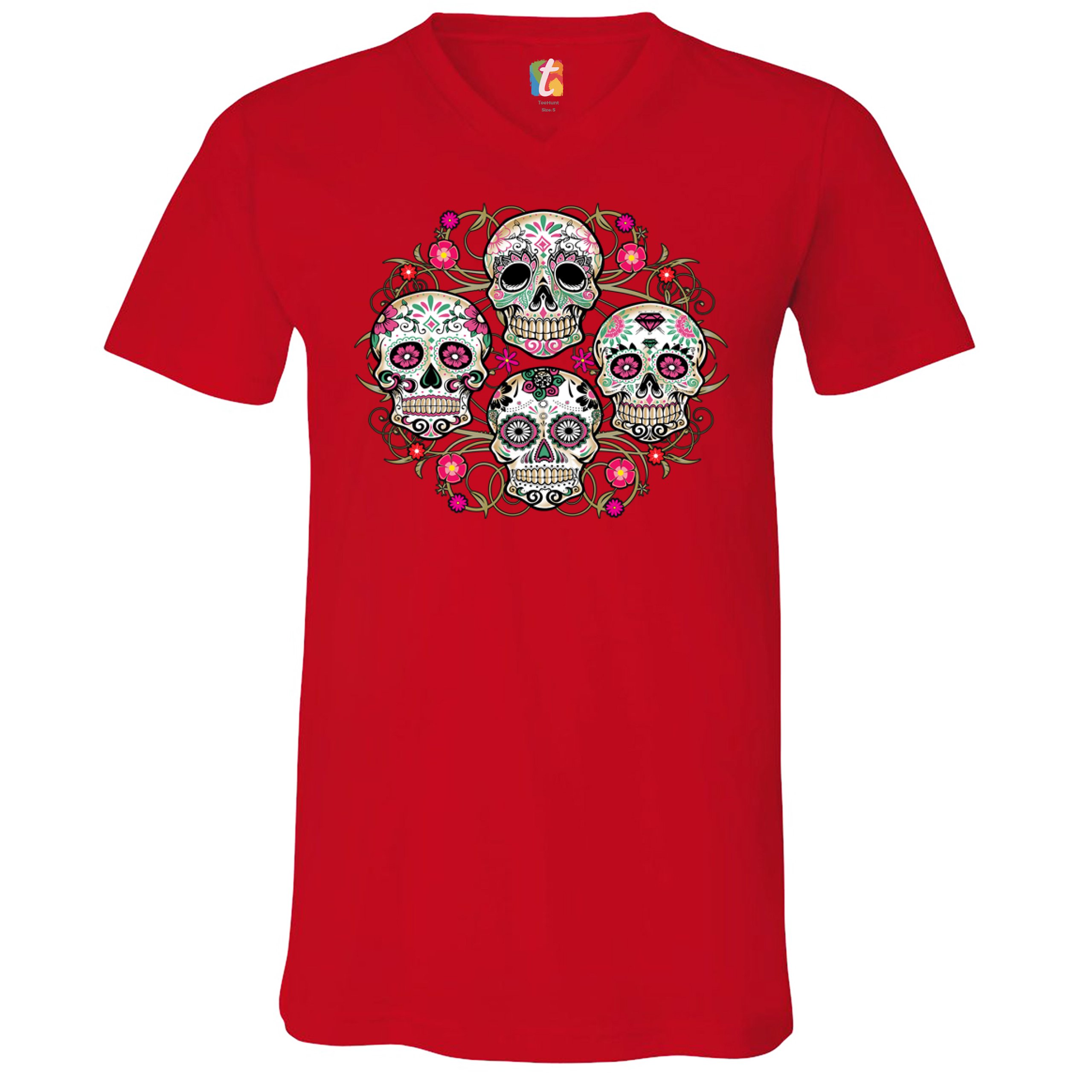 Day of the Dead Floral Sugar Skulls V-Neck T-shirt Dia de los Muertos ...