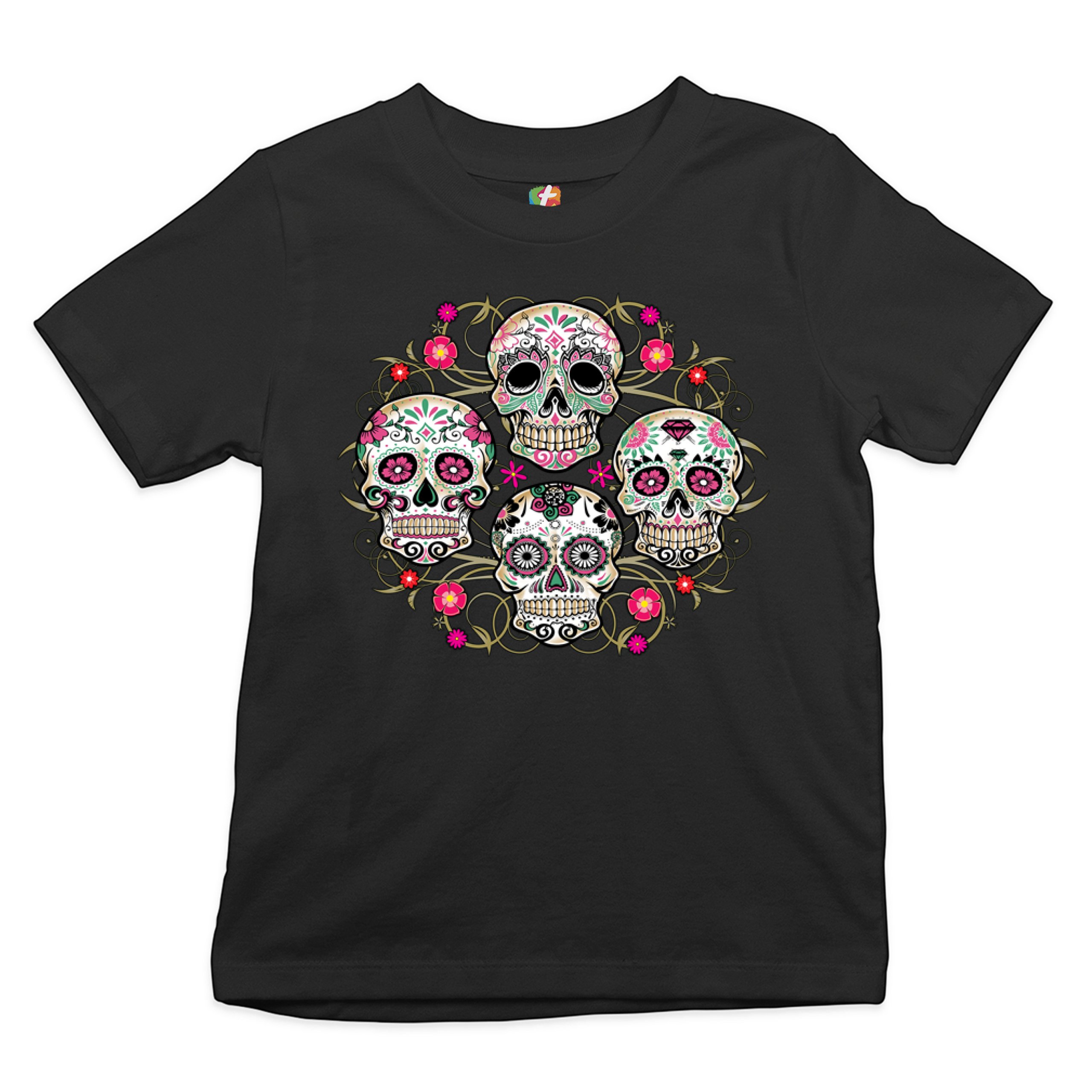 Day of the Dead Floral Sugar Skulls Youth T-shirt Dia de los Muertos Kids - Picture 2 of 29