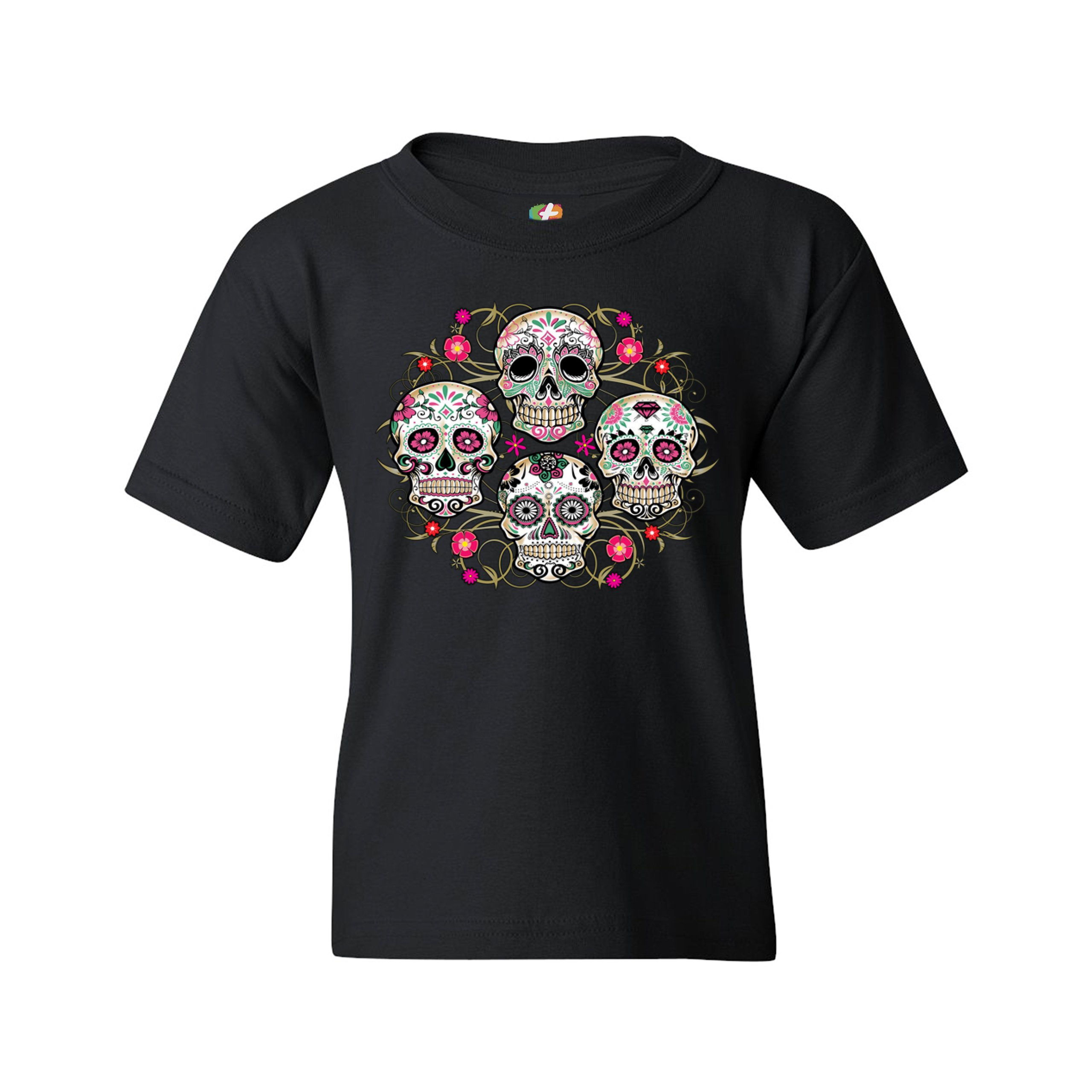 Day of the Dead Floral Sugar Skulls Youth T-shirt Dia de los Muertos Kids - Picture 3 of 29