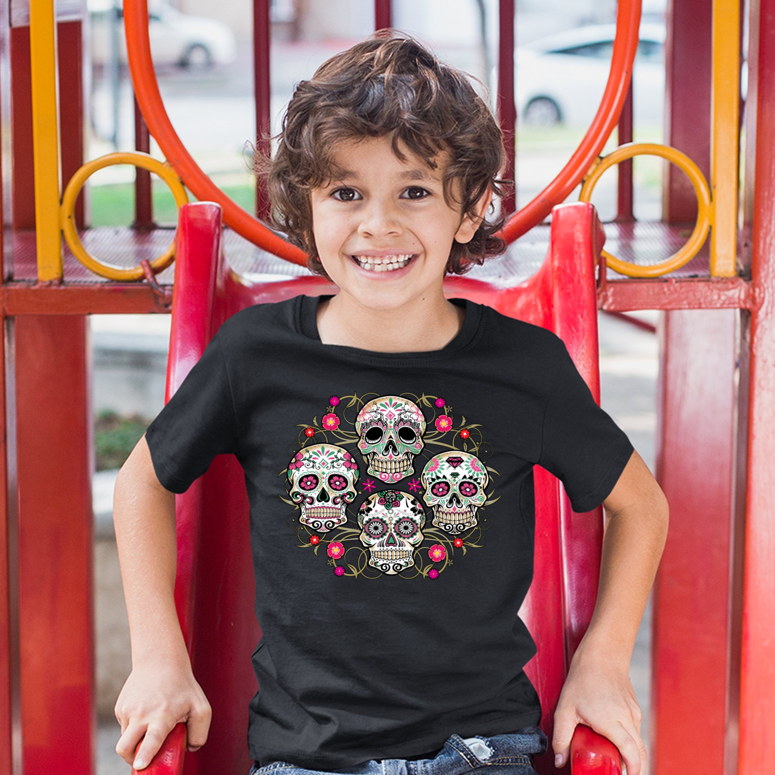 Day of the Dead Floral Sugar Skulls Youth T-shirt Dia de los Muertos Kids - Picture 5 of 29
