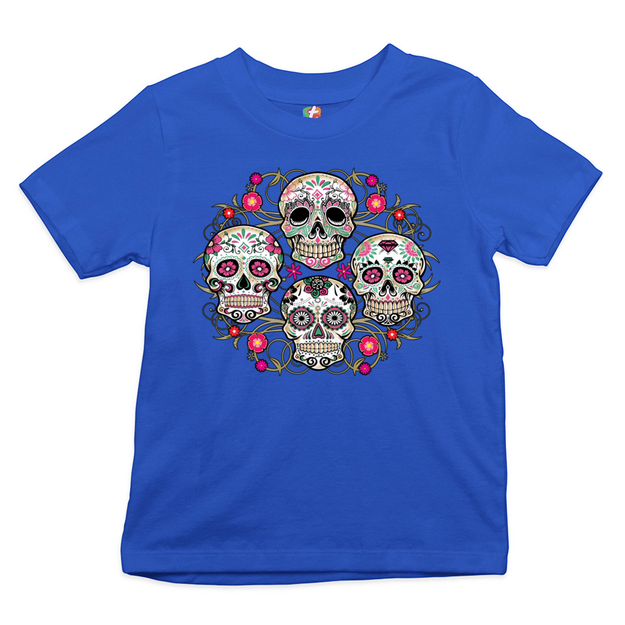 Day of the Dead Floral Sugar Skulls Youth T-shirt Dia de los Muertos Kids - Picture 22 of 29
