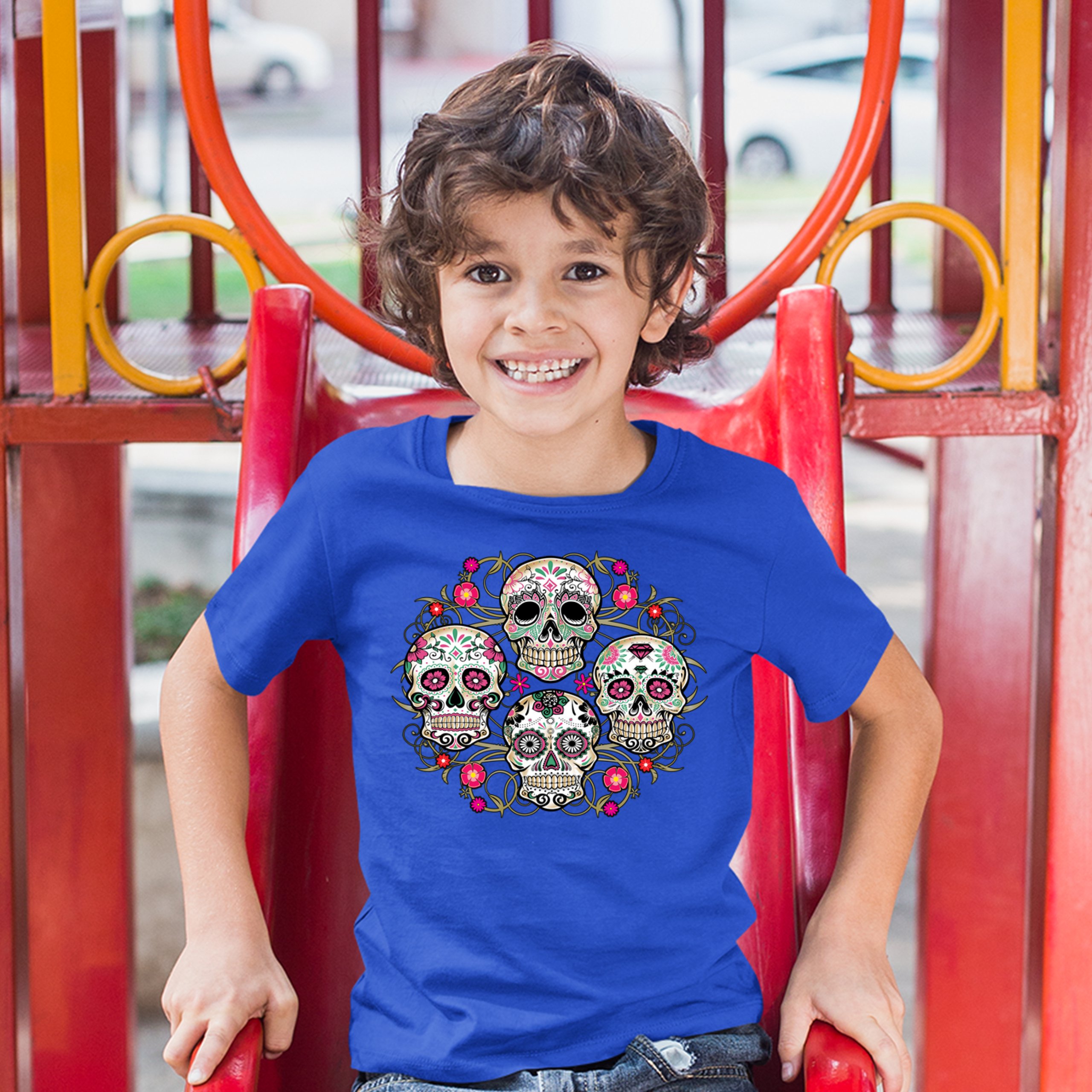 Day of the Dead Floral Sugar Skulls Youth T-shirt Dia de los Muertos Kids - Picture 25 of 29