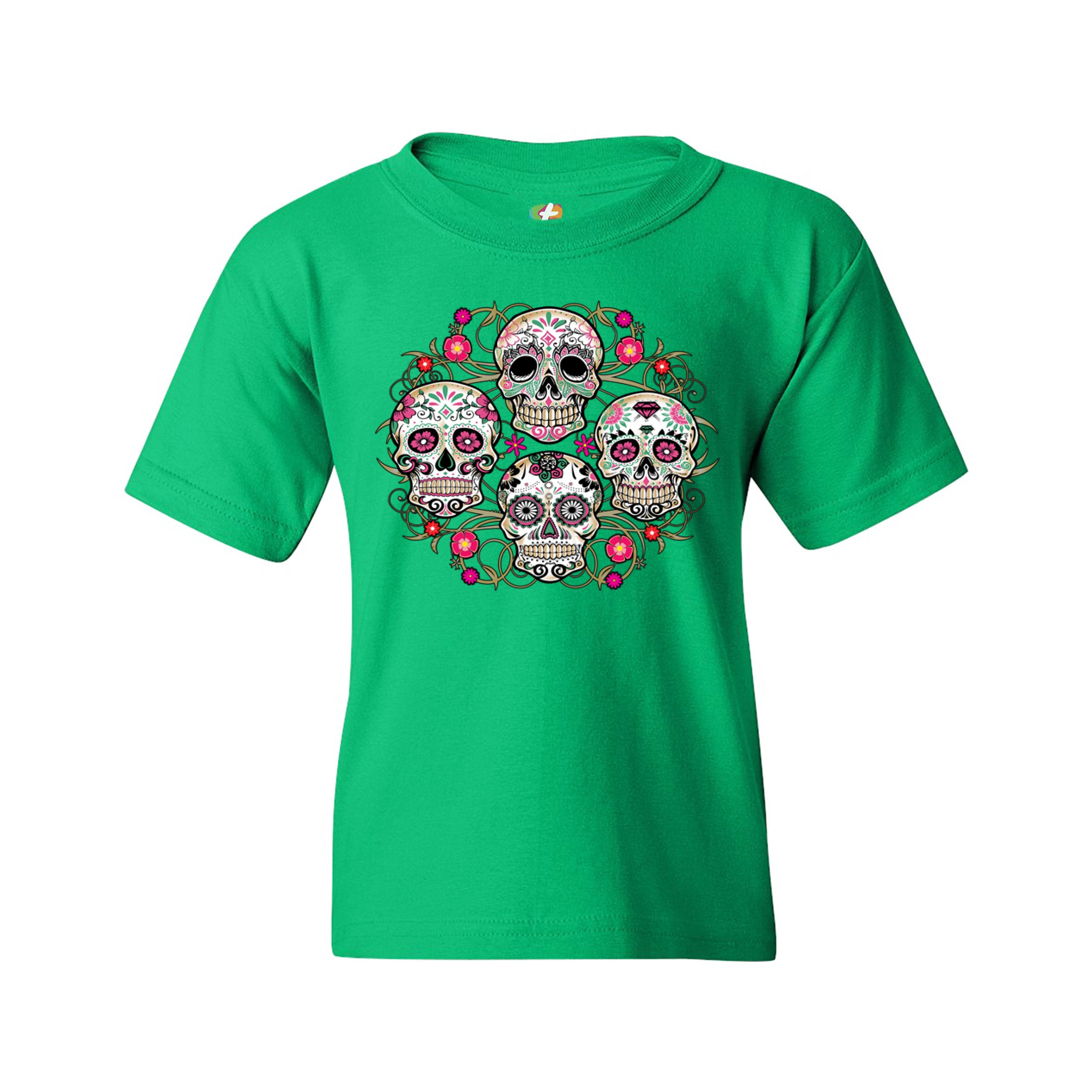 Day of the Dead Floral Sugar Skulls Youth T-shirt Dia de los Muertos Kids - Picture 19 of 29