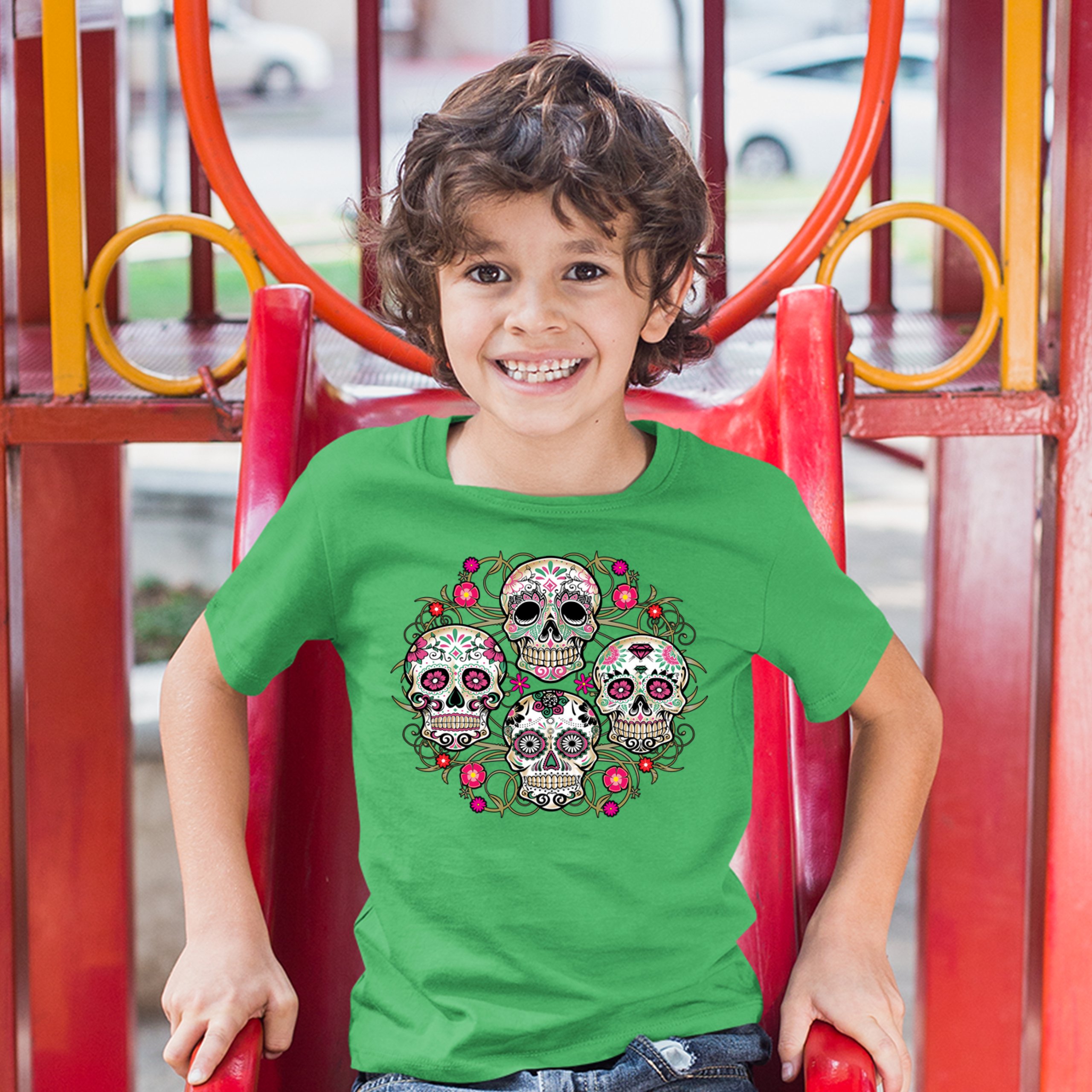 Day of the Dead Floral Sugar Skulls Youth T-shirt Dia de los Muertos Kids - Picture 21 of 29