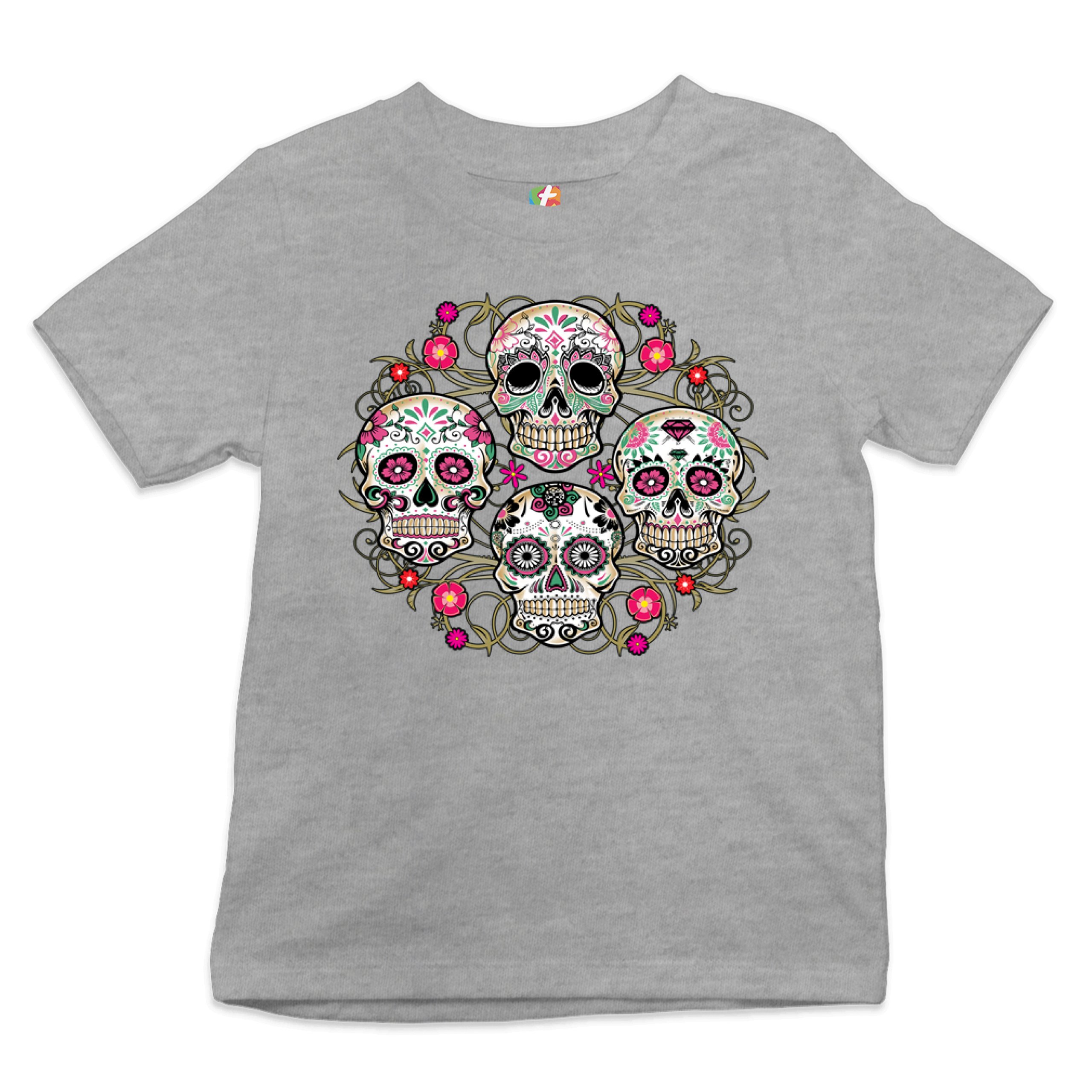 Day of the Dead Floral Sugar Skulls Youth T-shirt Dia de los Muertos Kids - Picture 6 of 29
