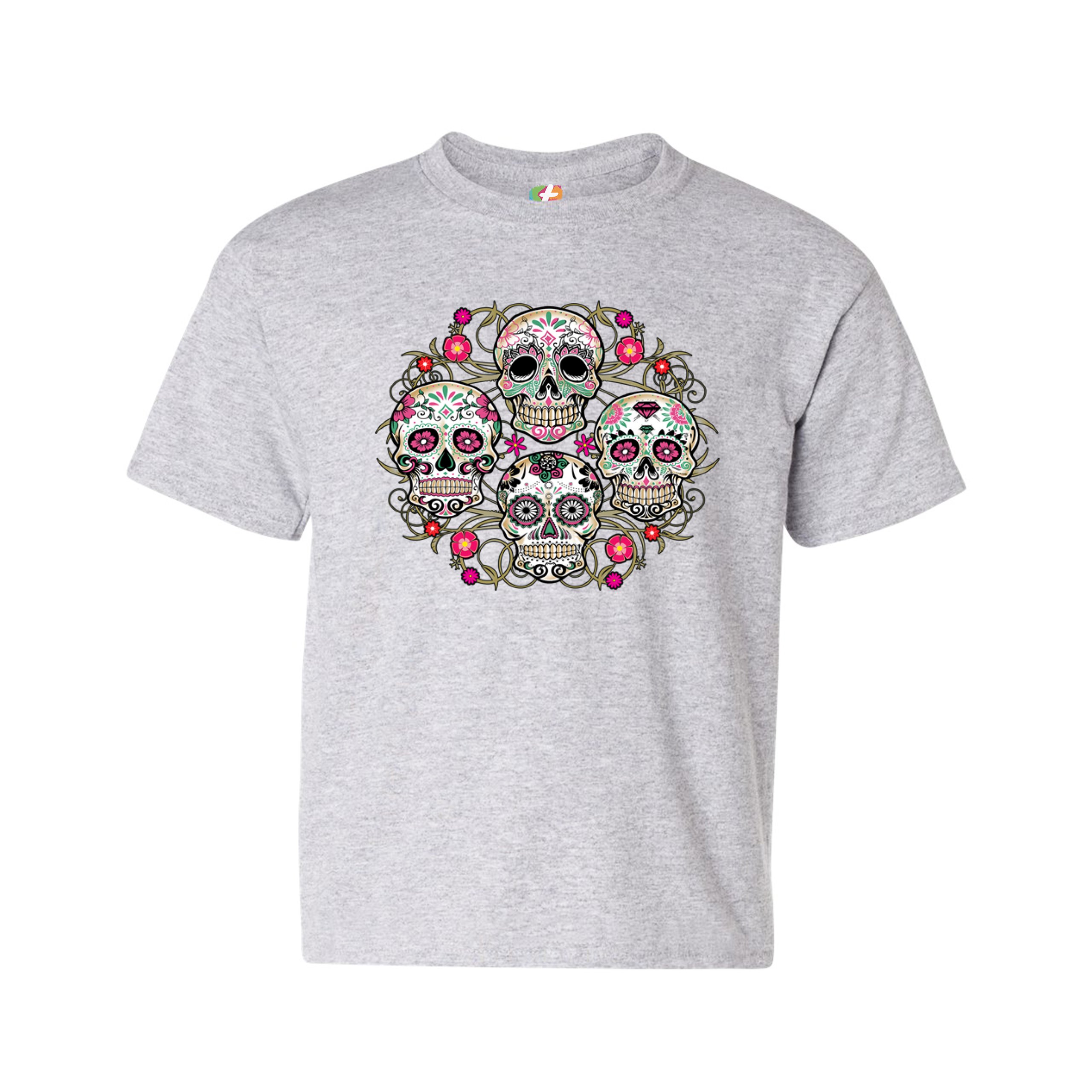 Day of the Dead Floral Sugar Skulls Youth T-shirt Dia de los Muertos Kids - Picture 7 of 29