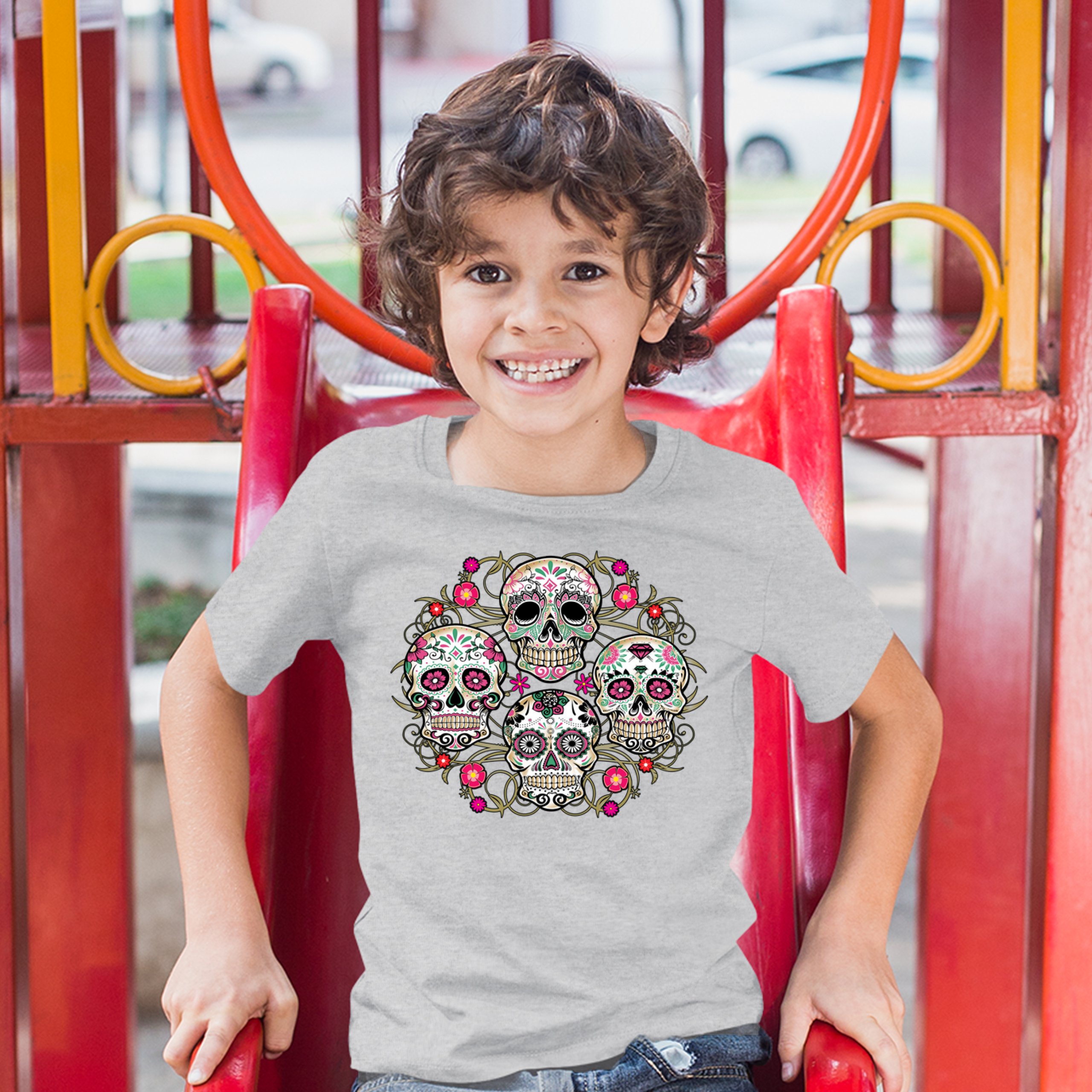 Day of the Dead Floral Sugar Skulls Youth T-shirt Dia de los Muertos Kids - Picture 9 of 29