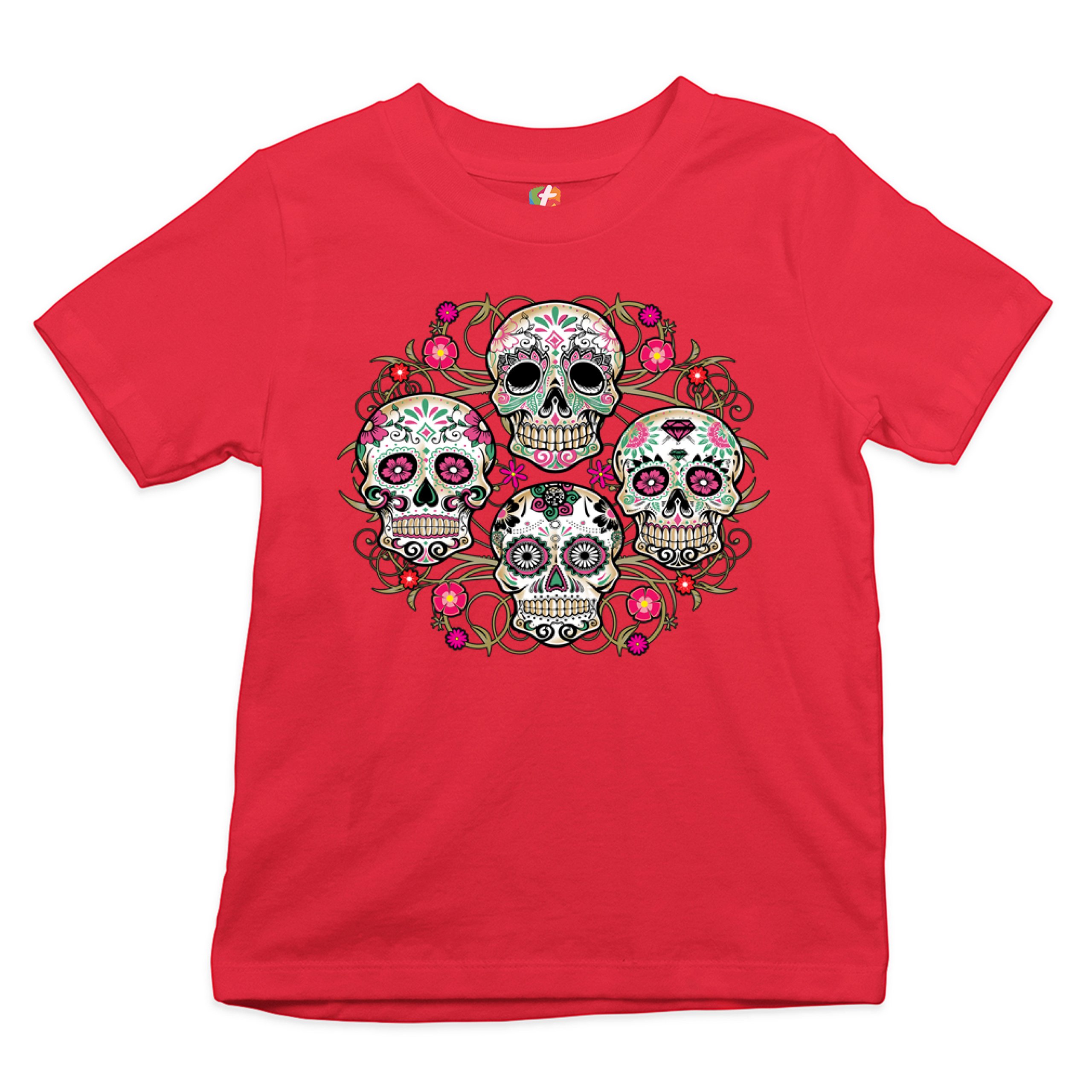 Day of the Dead Floral Sugar Skulls Youth T-shirt Dia de los Muertos Kids - Picture 10 of 29