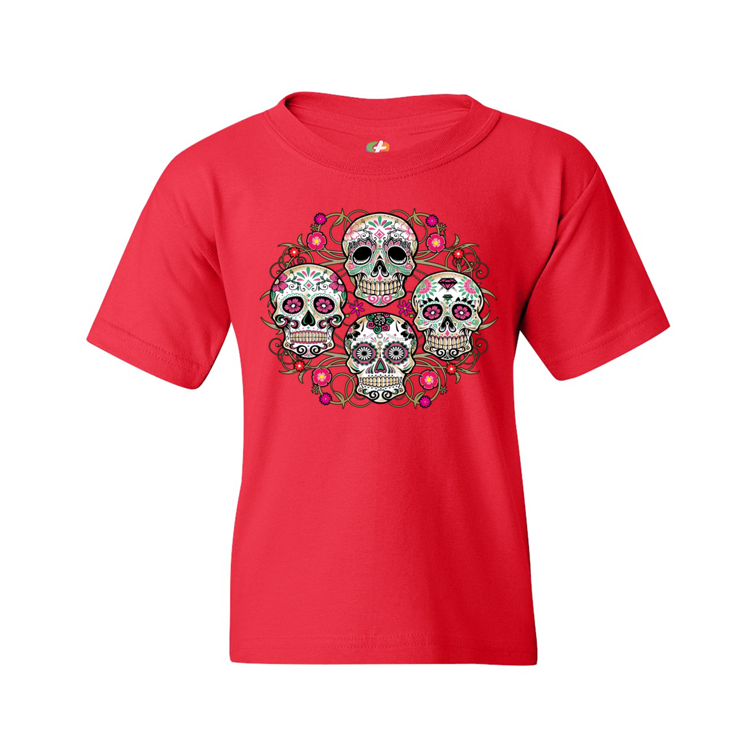 Day of the Dead Floral Sugar Skulls Youth T-shirt Dia de los Muertos Kids - Picture 11 of 29