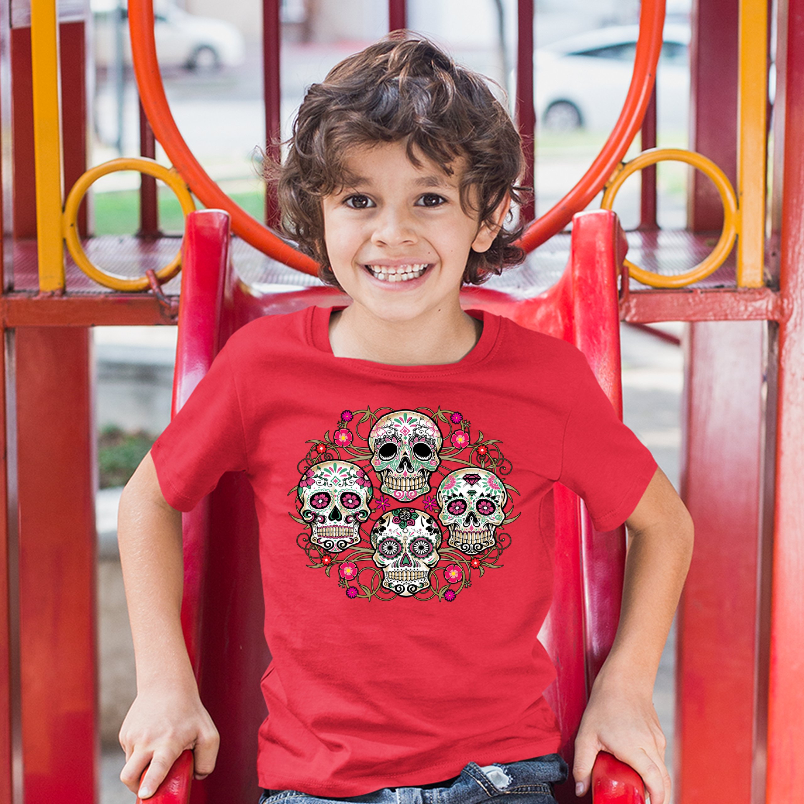 Day of the Dead Floral Sugar Skulls Youth T-shirt Dia de los Muertos Kids - Picture 13 of 29