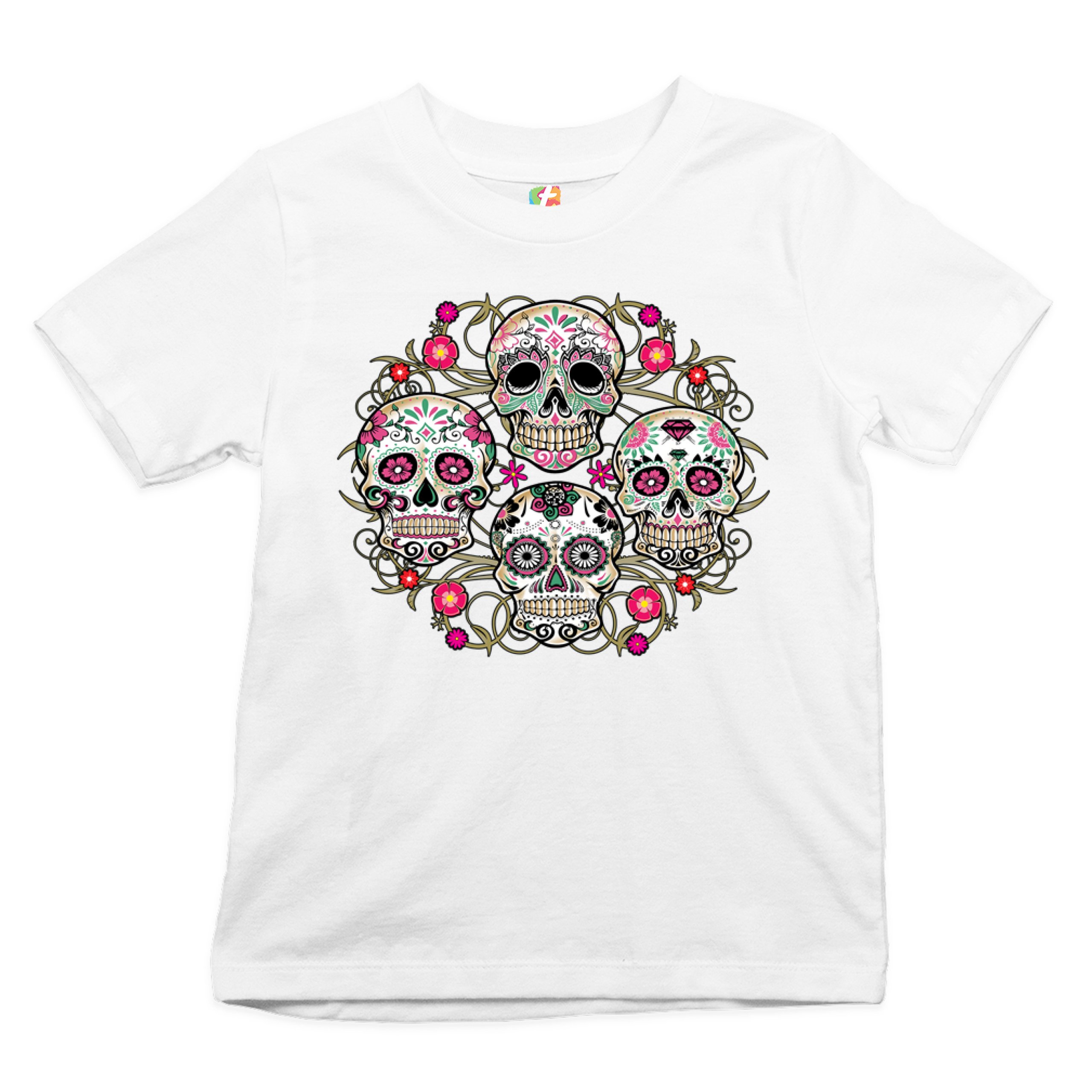 Day of the Dead Floral Sugar Skulls Youth T-shirt Dia de los Muertos Kids - Picture 14 of 29